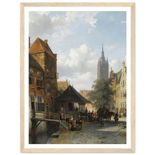 Figures At The Fish Market In Delft (1853) Art Print | Cornelis Springer - Framed Poster - 30x40 cm / 12x16″ - Black frame
