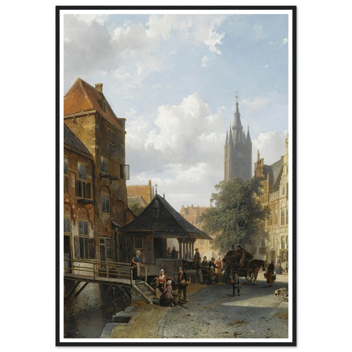 Figures At The Fish Market In Delft (1853) Art Print | Cornelis Springer - Framed Poster - 30x40 cm / 12x16″ - Black frame