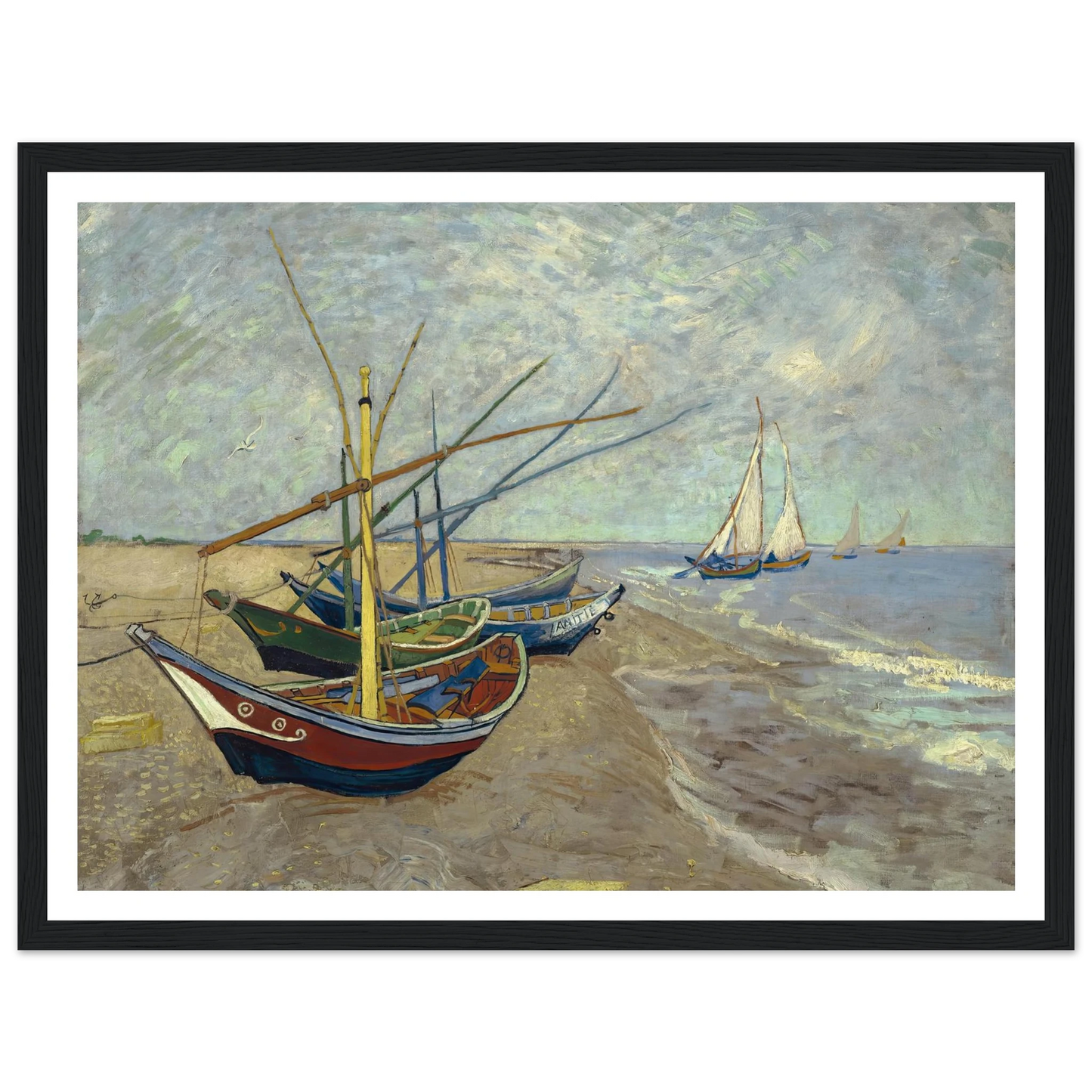 Fishing boats on the beach at Les Saintes-Maries-de-la-Mer (1888) Art Print | Vincent van Gogh - Framed Poster - 30x40 cm / 12x16″ - Black frame