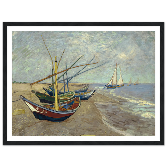 Fishing boats on the beach at Les Saintes-Maries-de-la-Mer (1888) Art Print | Vincent van Gogh - Framed Poster - 30x40 cm / 12x16″ - Black frame