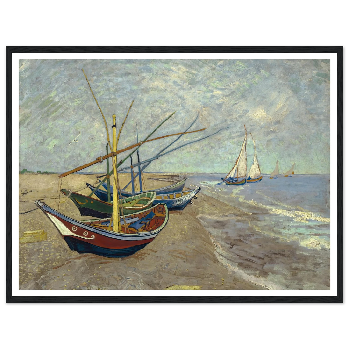 Fishing boats on the beach at Les Saintes-Maries-de-la-Mer (1888) Art Print | Vincent van Gogh - Framed Poster - 30x40 cm / 12x16″ - Black frame