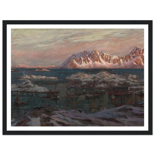 Fishing Harbour with Sunlit Mountains. Study from North Norway Art Print | Anna Boberg - Framed Poster - 30x40 cm / 12x16″ - Black frame