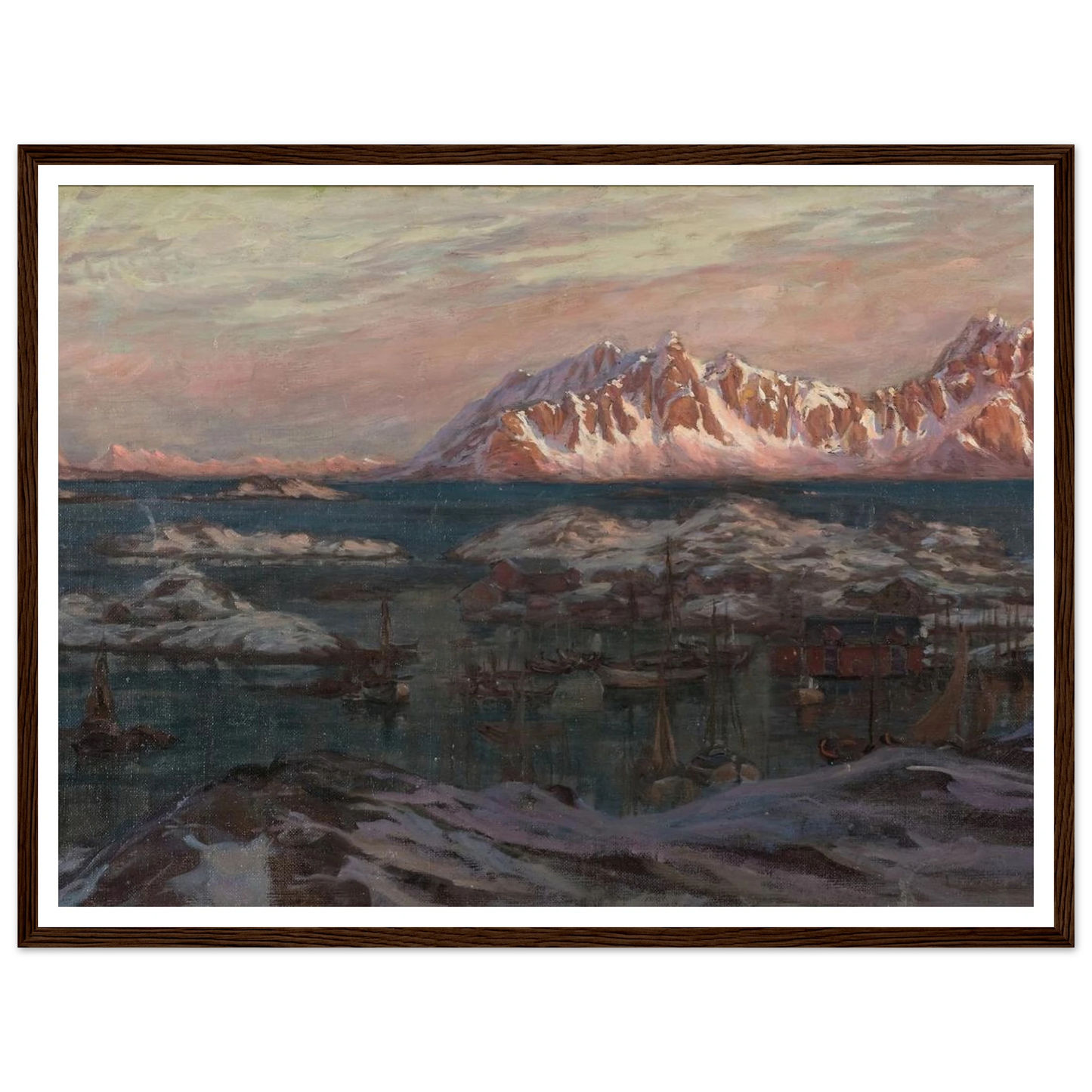 Fishing Harbour with Sunlit Mountains. Study from North Norway Art Print | Anna Boberg - Framed Poster - 30x40 cm / 12x16″ - Black frame