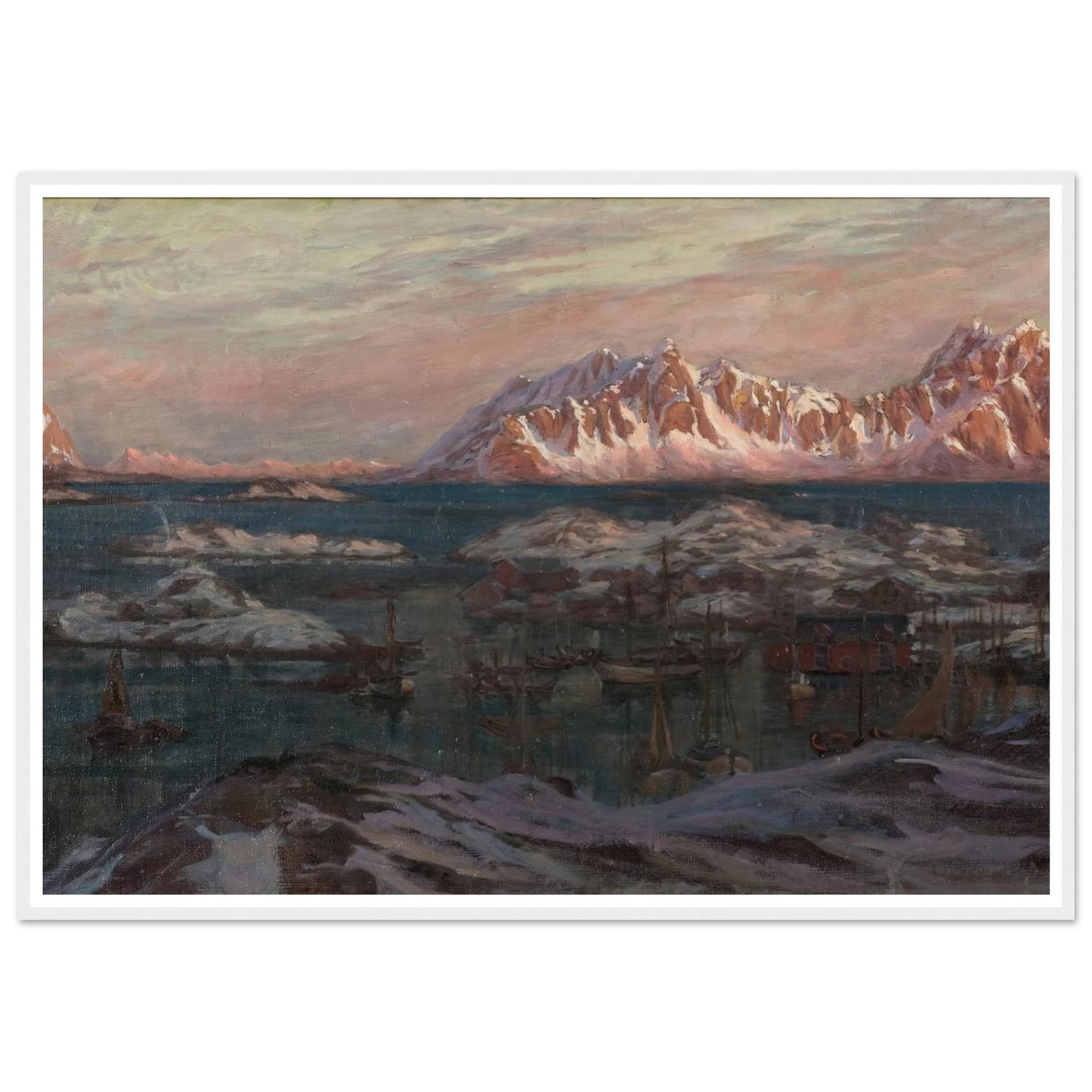 Fishing Harbour with Sunlit Mountains. Study from North Norway Art Print | Anna Boberg - Framed Poster - 30x40 cm / 12x16″ - Black frame