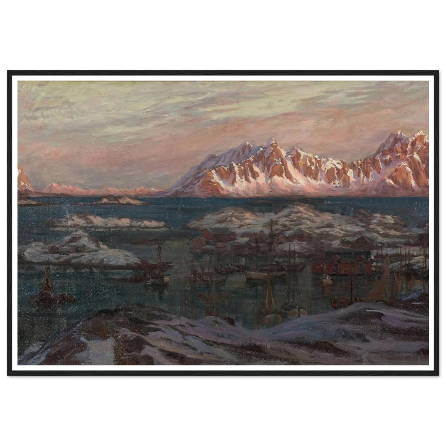 Fishing Harbour with Sunlit Mountains. Study from North Norway Art Print | Anna Boberg - Framed Poster - 30x40 cm / 12x16″ - Black frame