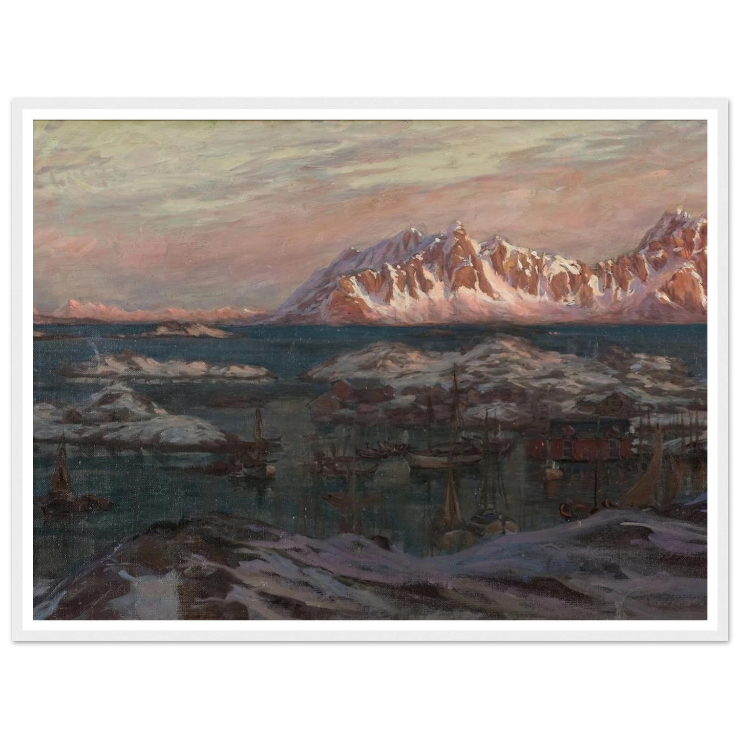 Fishing Harbour with Sunlit Mountains. Study from North Norway Art Print | Anna Boberg - Framed Poster - 30x40 cm / 12x16″ - Black frame
