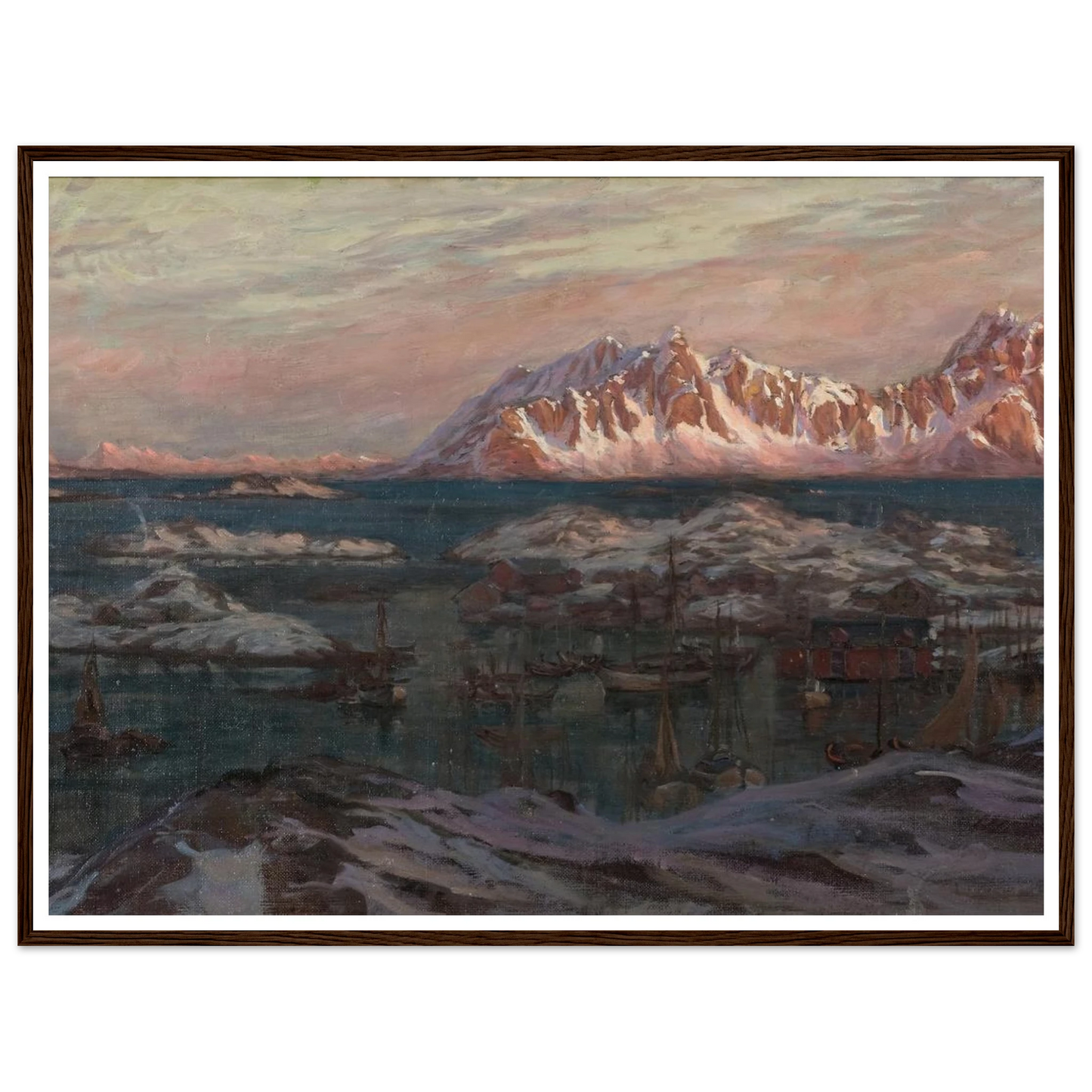 Fishing Harbour with Sunlit Mountains. Study from North Norway Art Print | Anna Boberg - Framed Poster - 30x40 cm / 12x16″ - Black frame