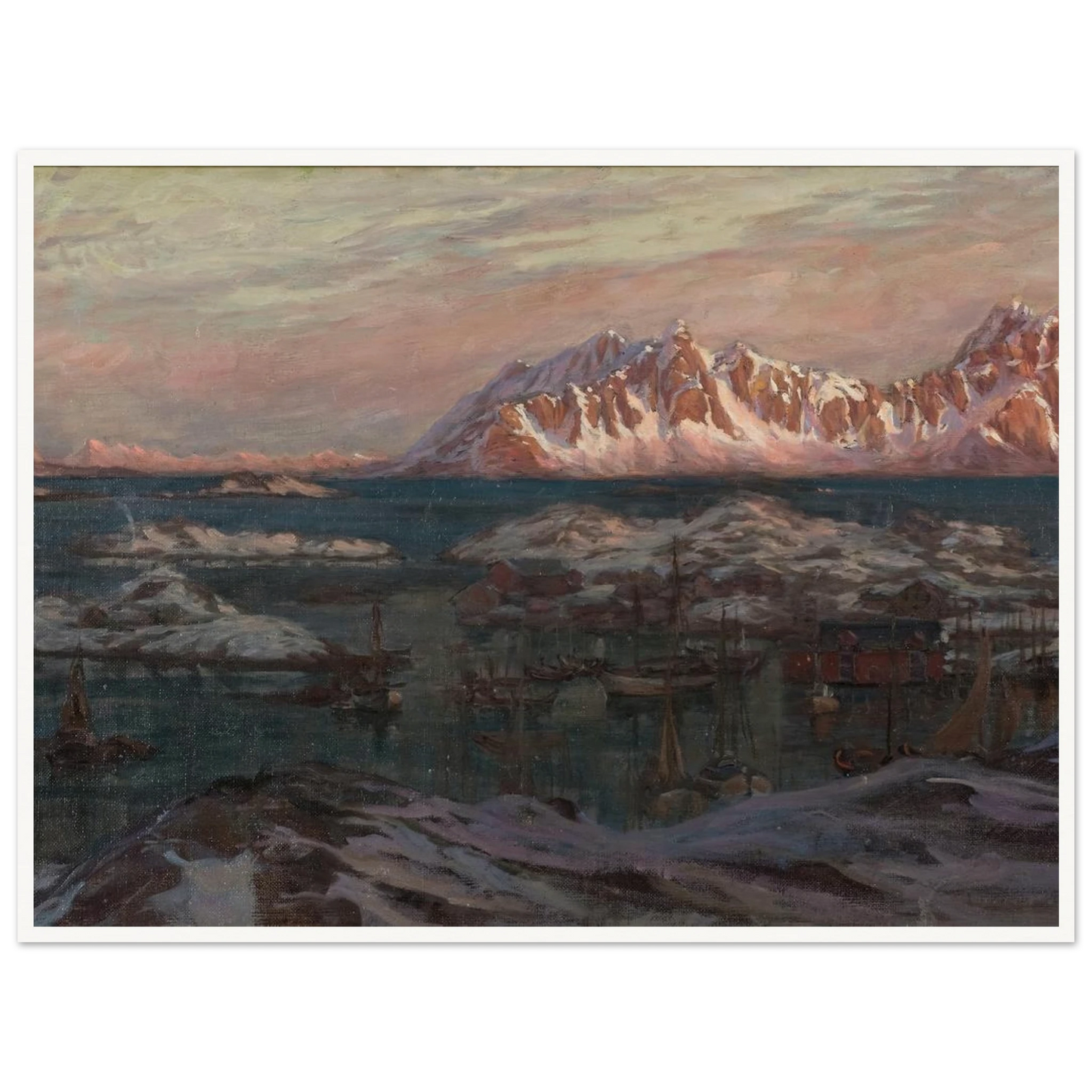 Fishing Harbour with Sunlit Mountains. Study from North Norway Art Print | Anna Boberg - Framed Poster - 30x40 cm / 12x16″ - Black frame