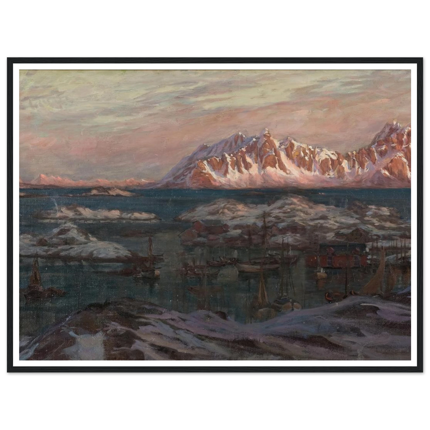 Fishing Harbour with Sunlit Mountains. Study from North Norway Art Print | Anna Boberg - Framed Poster - 30x40 cm / 12x16″ - Black frame