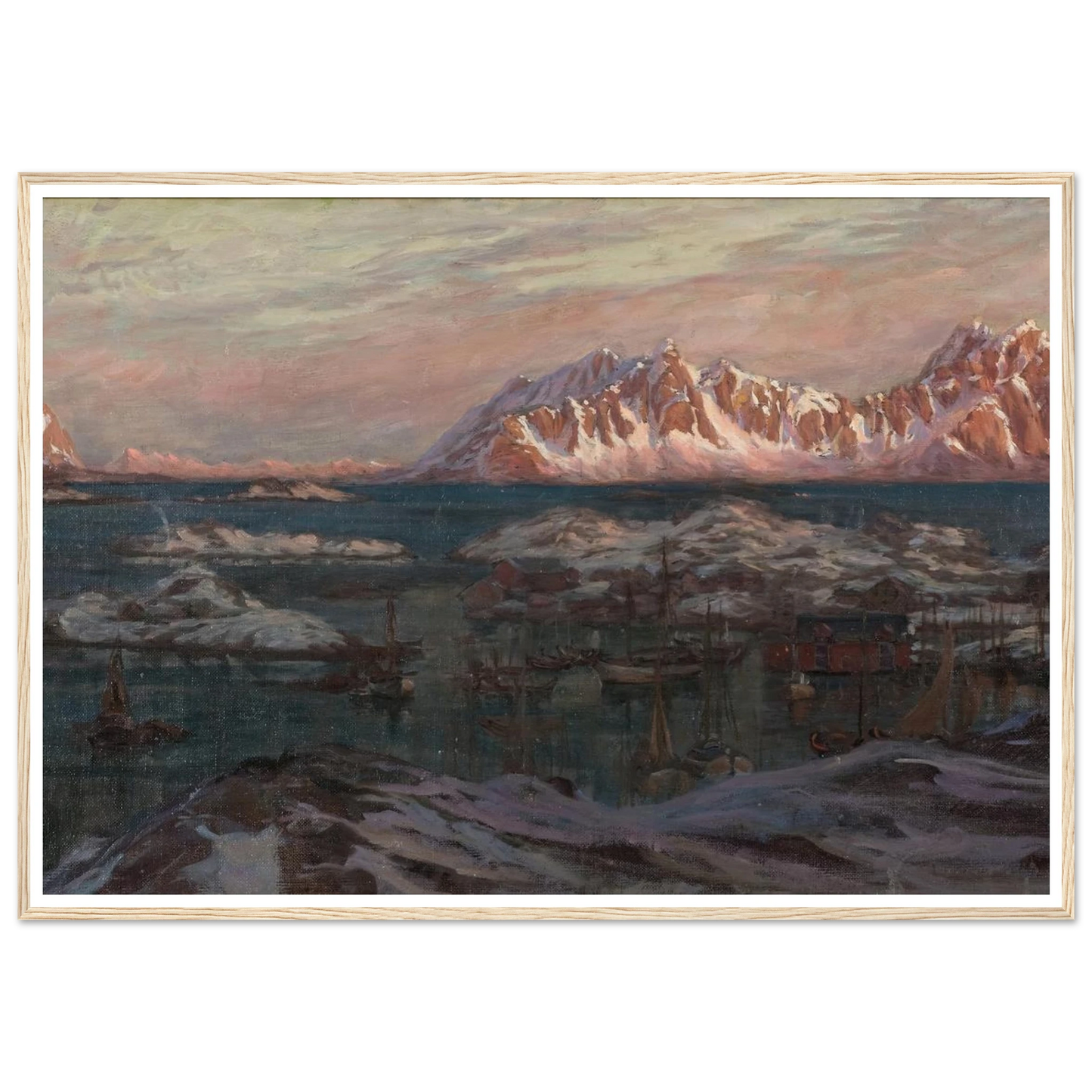 Fishing Harbour with Sunlit Mountains. Study from North Norway Art Print | Anna Boberg - Framed Poster - 30x40 cm / 12x16″ - Black frame