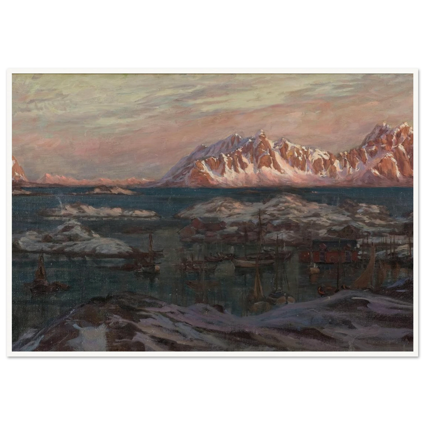 Fishing Harbour with Sunlit Mountains. Study from North Norway Art Print | Anna Boberg - Framed Poster - 30x40 cm / 12x16″ - Black frame