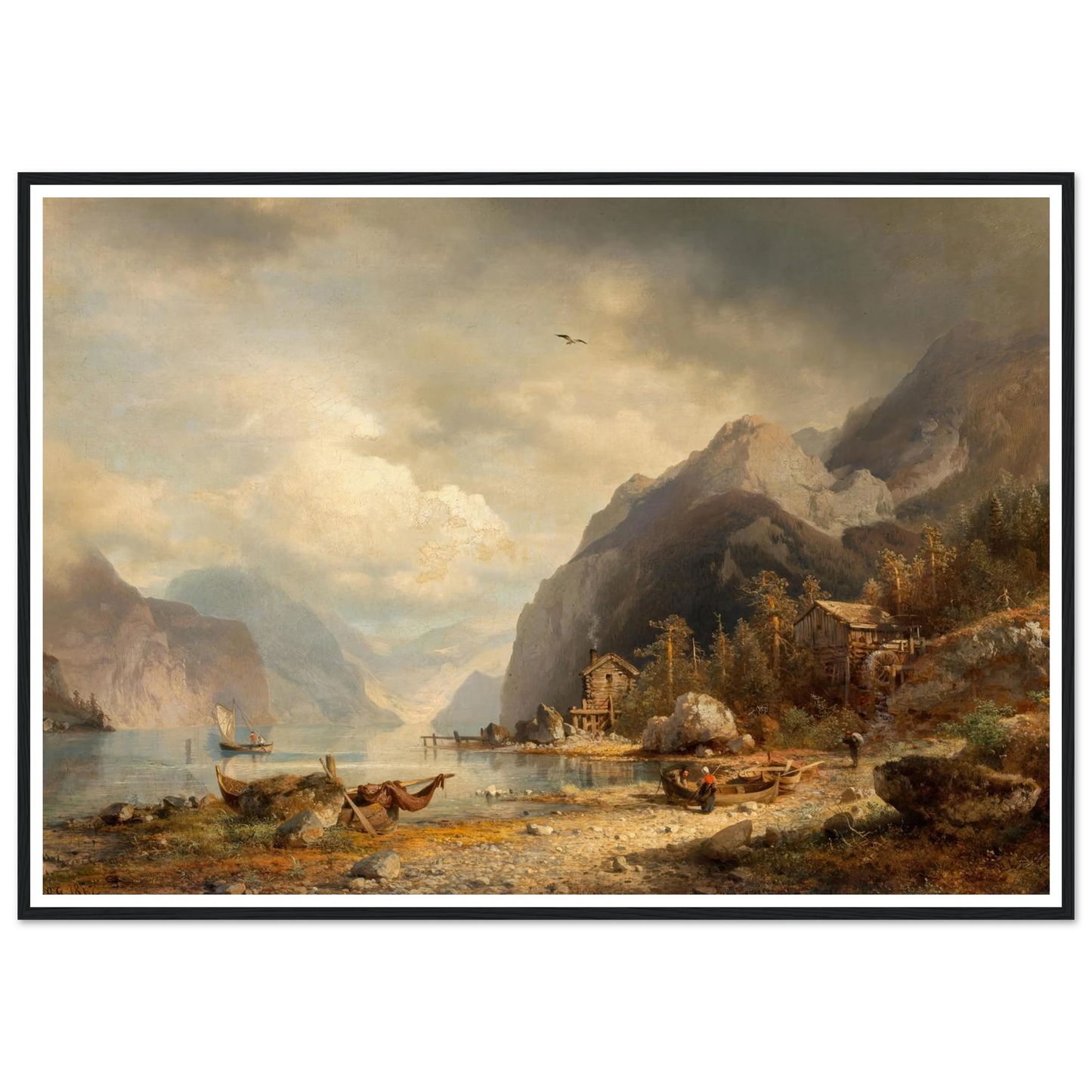 Fishing Village (1862) Art Print | Hermann Ottomar Herzog - Framed Poster - 30x40 cm / 12x16″ - Black frame