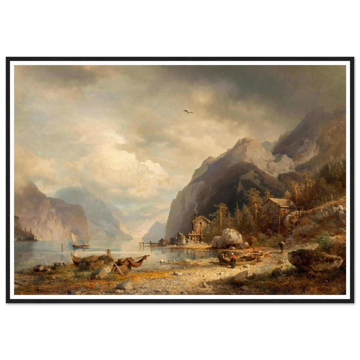 Fishing Village (1862) Art Print | Hermann Ottomar Herzog - Framed Poster - 30x40 cm / 12x16″ - Black frame