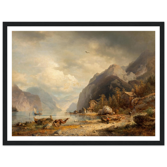 Fishing Village (1862) Art Print | Hermann Ottomar Herzog - Framed Poster - 30x40 cm / 12x16″ - Black frame
