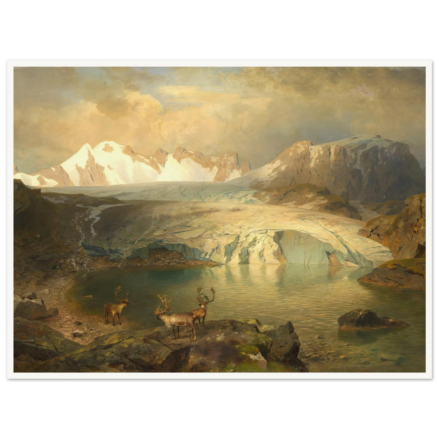 Fjordlandschaft mit Gletscher und Rentieren (1896) Art Print | August Wilhelm Leu - Framed Poster - 30x40 cm / 12x16″ - Black frame