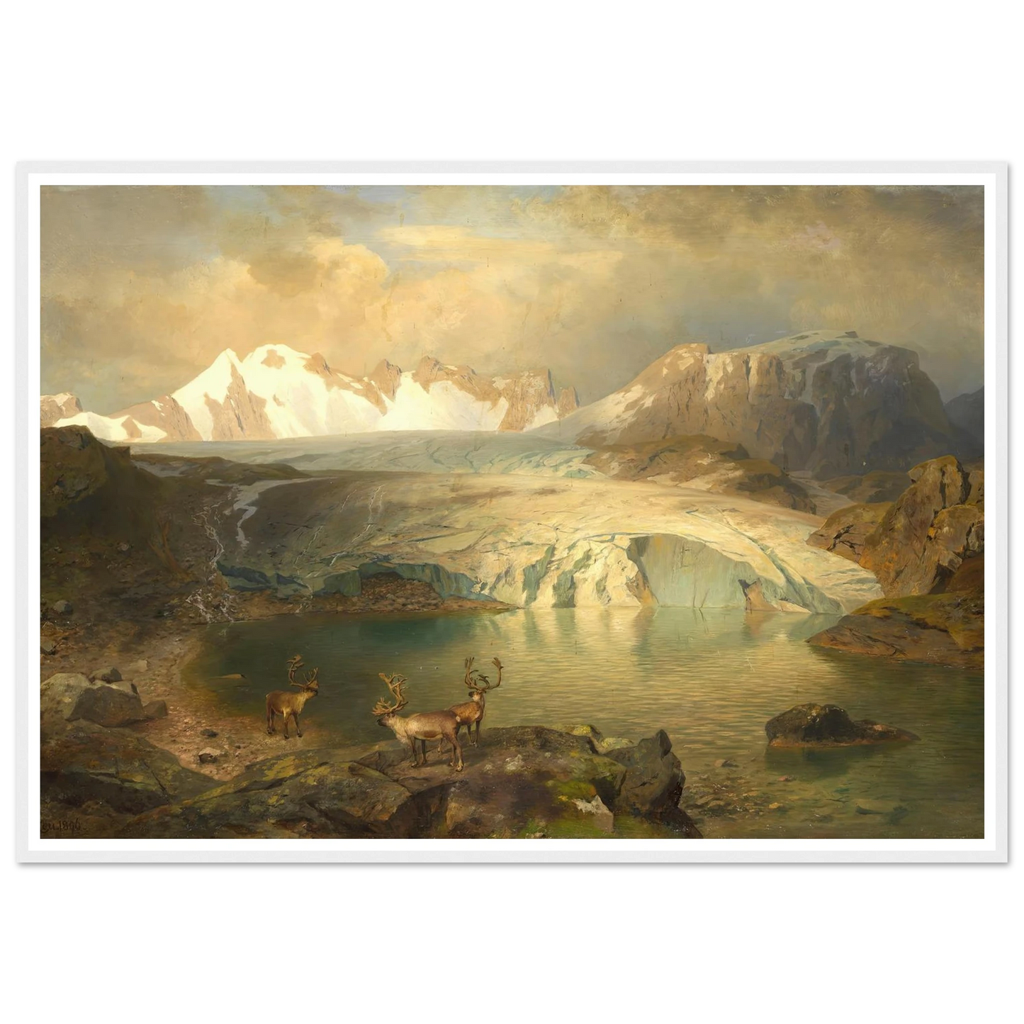 Fjordlandschaft mit Gletscher und Rentieren (1896) Art Print | August Wilhelm Leu - Framed Poster - 30x40 cm / 12x16″ - Black frame