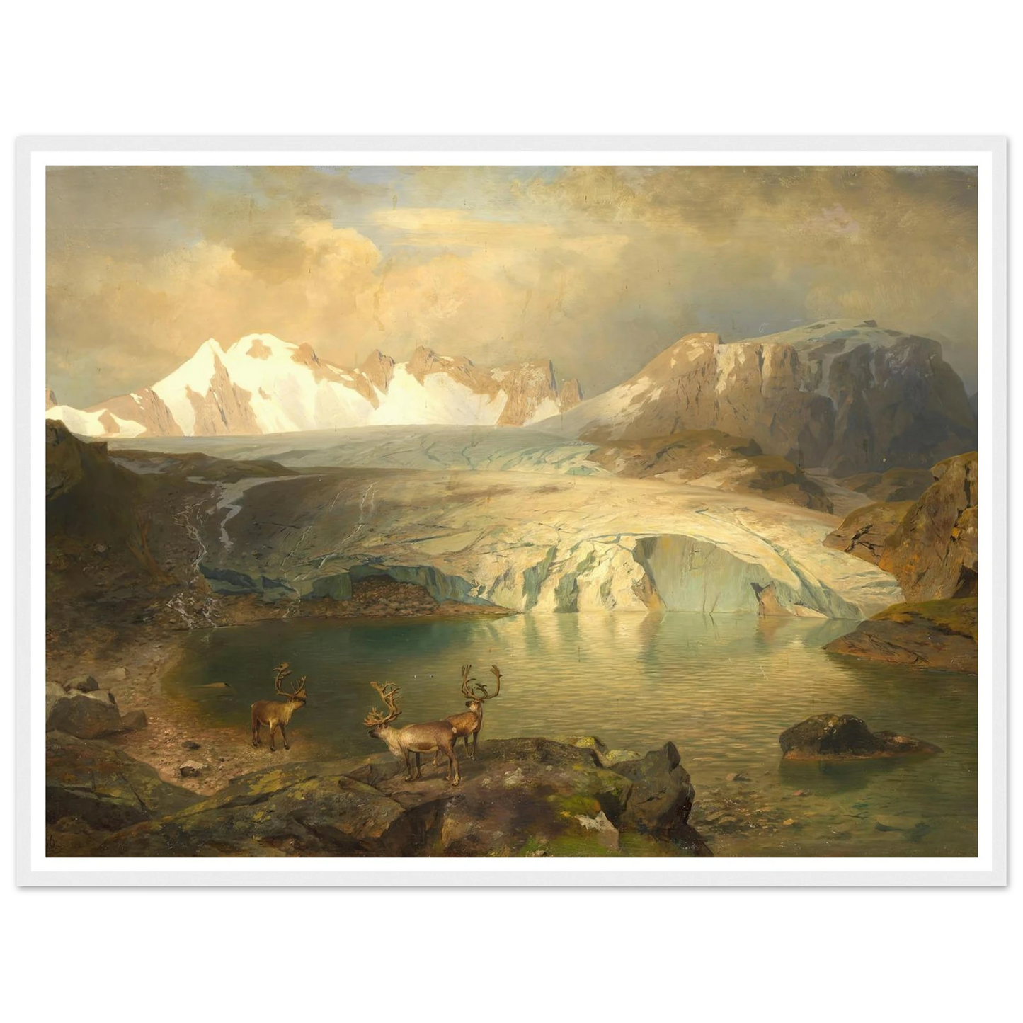 Fjordlandschaft mit Gletscher und Rentieren (1896) Art Print | August Wilhelm Leu - Framed Poster - 30x40 cm / 12x16″ - Black frame