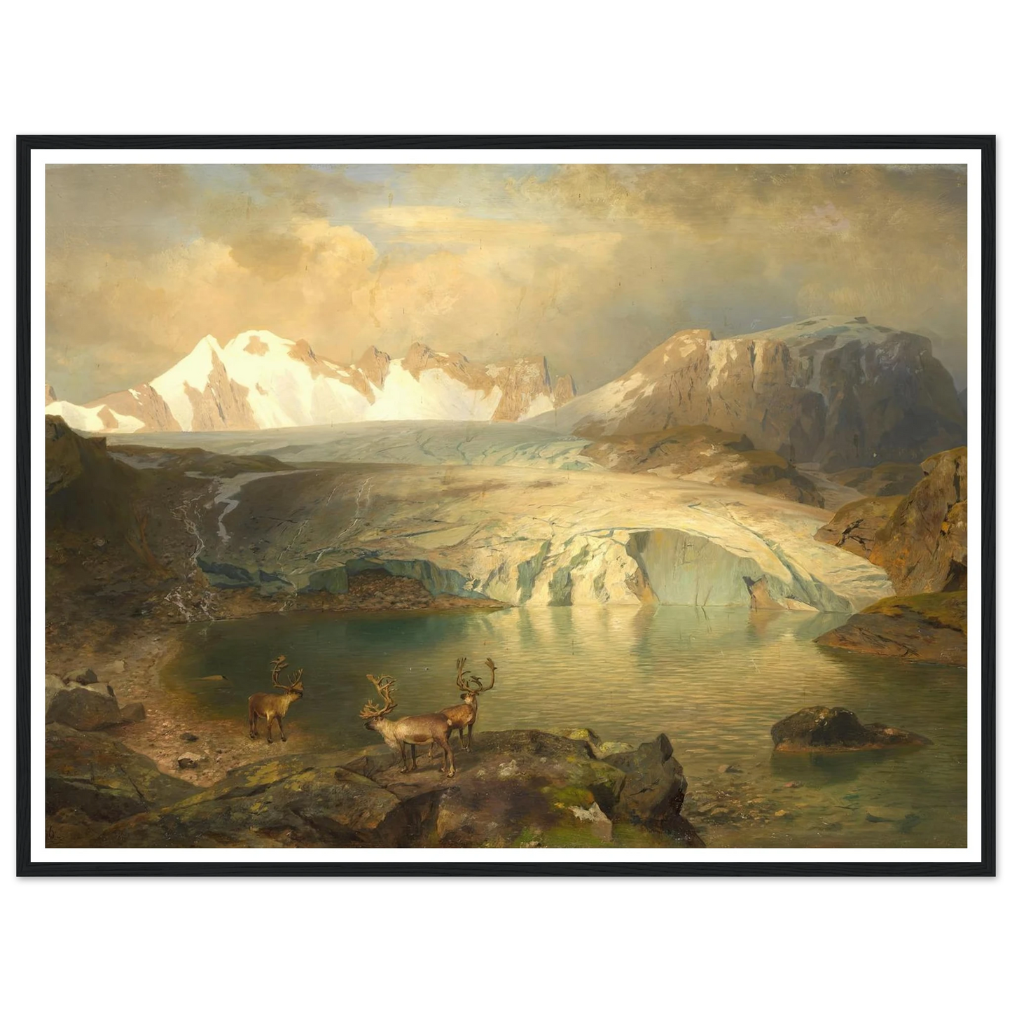 Fjordlandschaft mit Gletscher und Rentieren (1896) Art Print | August Wilhelm Leu - Framed Poster - 30x40 cm / 12x16″ - Black frame