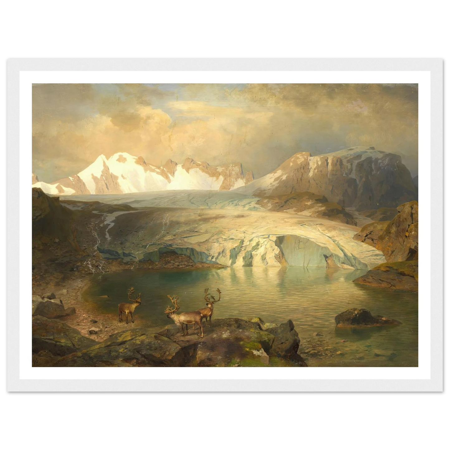 Fjordlandschaft mit Gletscher und Rentieren (1896) Art Print | August Wilhelm Leu - Framed Poster - 30x40 cm / 12x16″ - Black frame