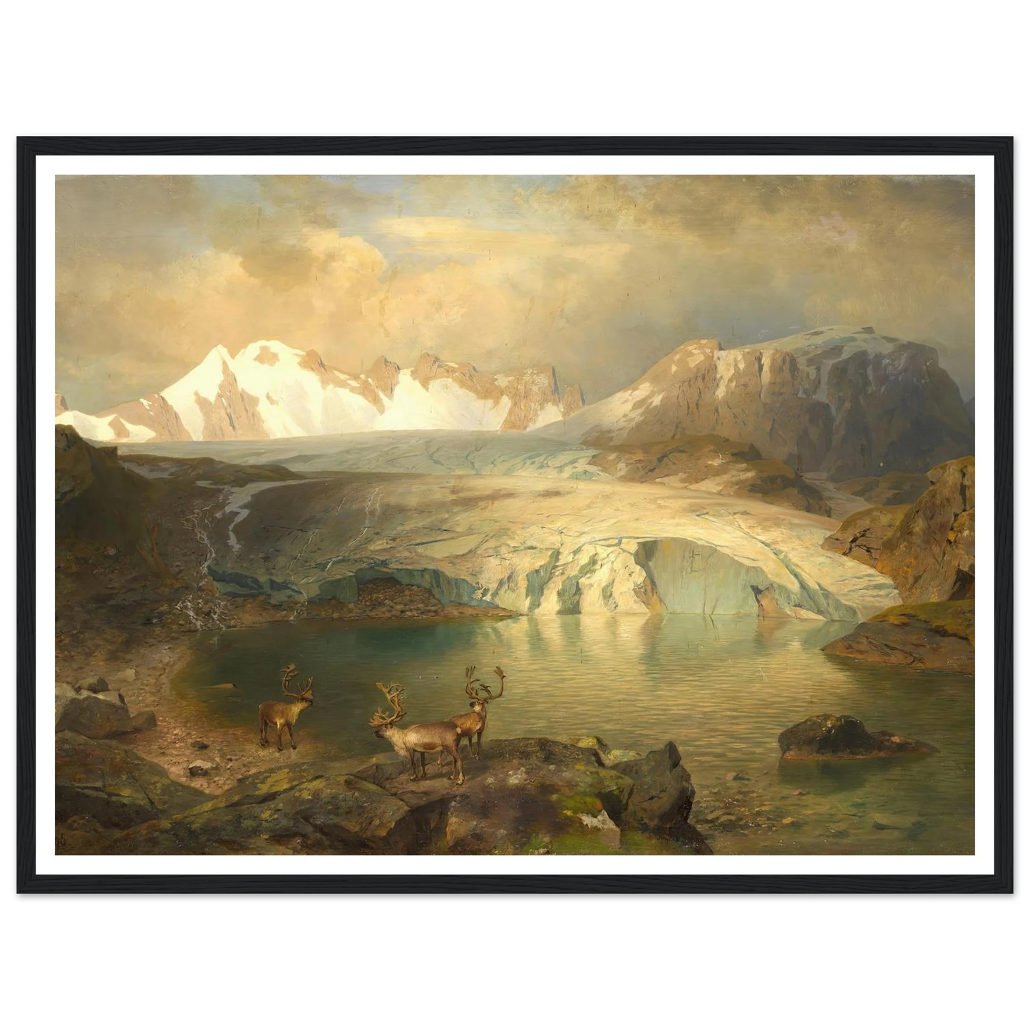 Fjordlandschaft mit Gletscher und Rentieren (1896) Art Print | August Wilhelm Leu - Framed Poster - 30x40 cm / 12x16″ - Black frame