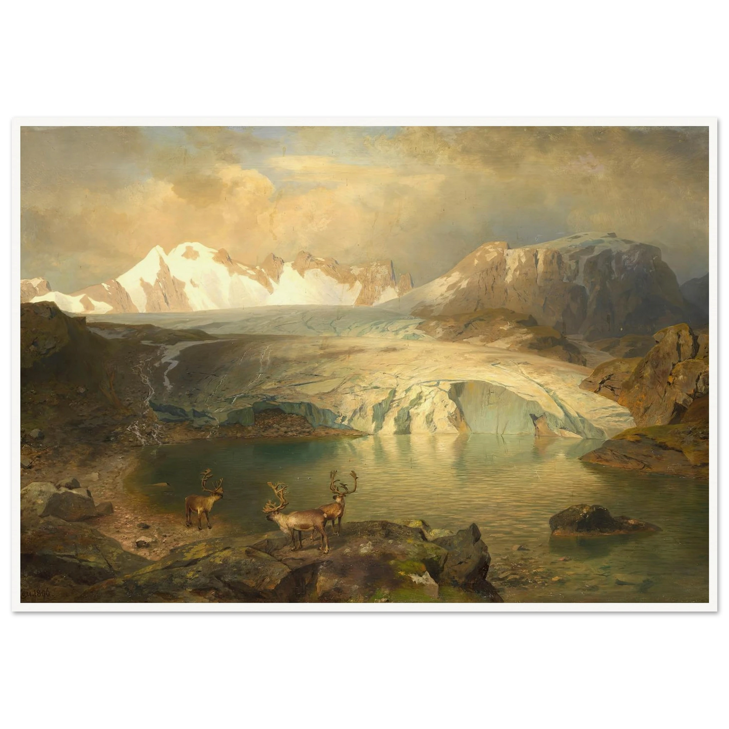 Fjordlandschaft mit Gletscher und Rentieren (1896) Art Print | August Wilhelm Leu - Framed Poster - 30x40 cm / 12x16″ - Black frame