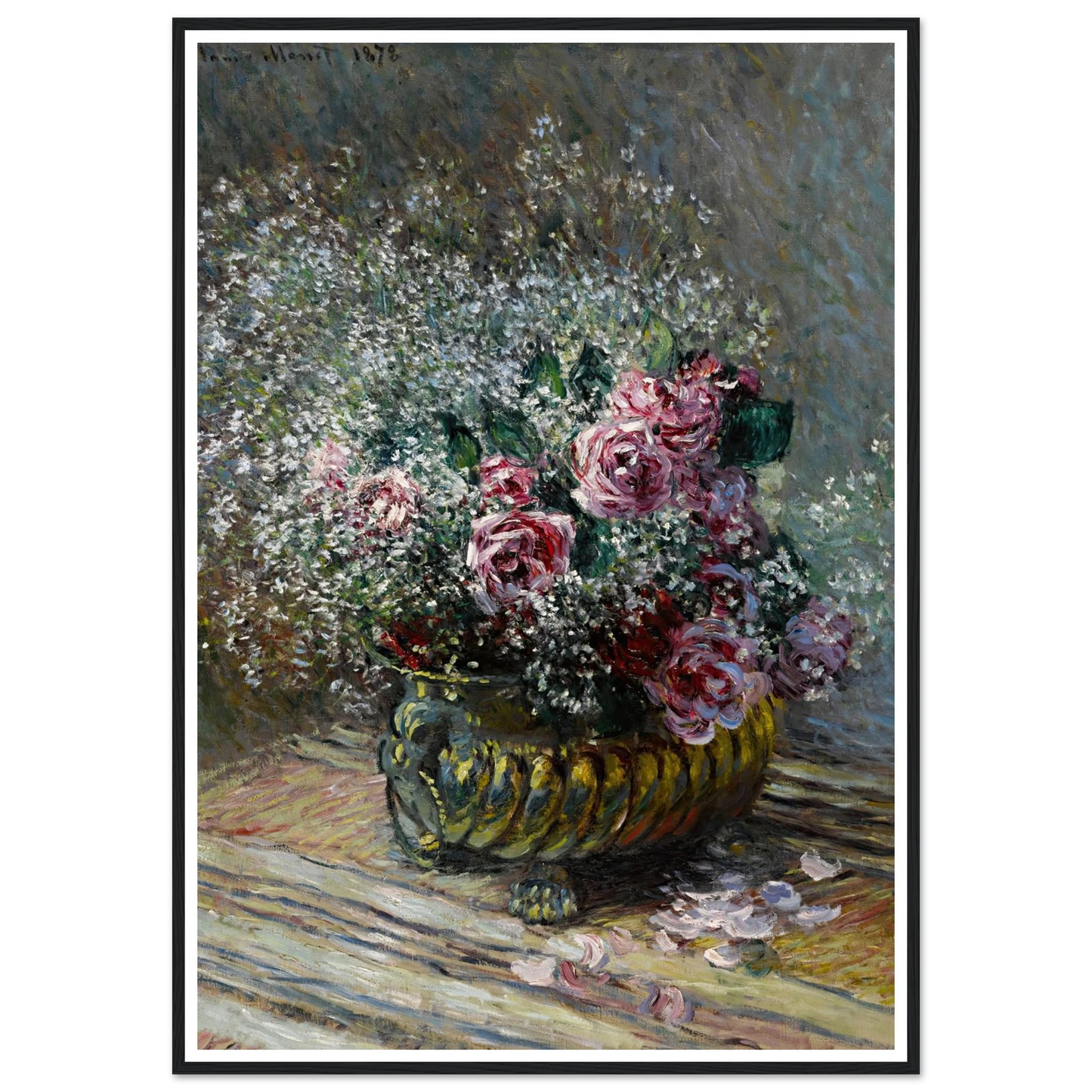 Fleurs dans un pot (Roses et brouillard) (1878) Art Print | Claude Monet - Framed Poster - 30x40 cm / 12x16″ - Black frame