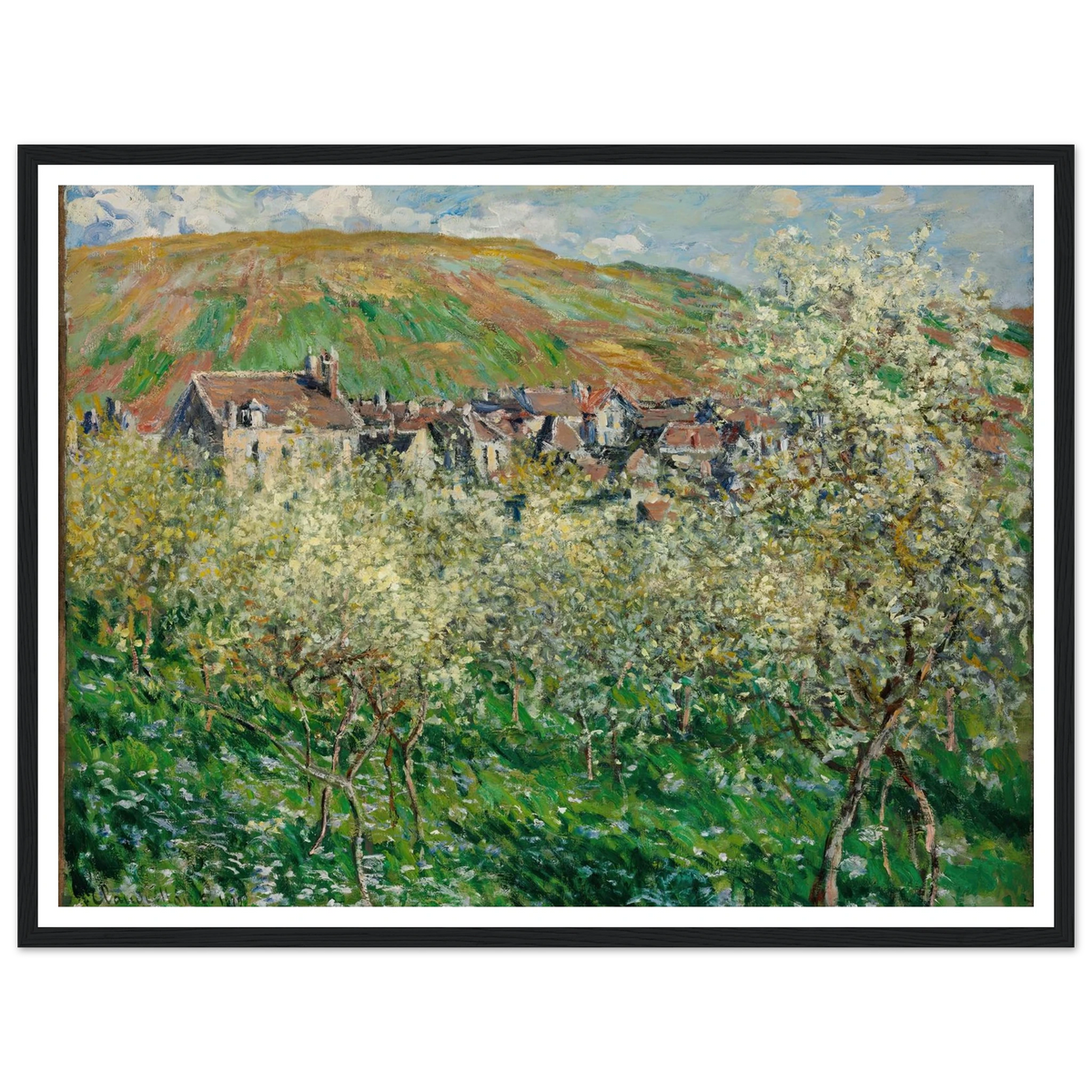 Flowering Plum Trees (1879) Art Print | Claude Monet - Framed Poster - 30x40 cm / 12x16″ - Black frame