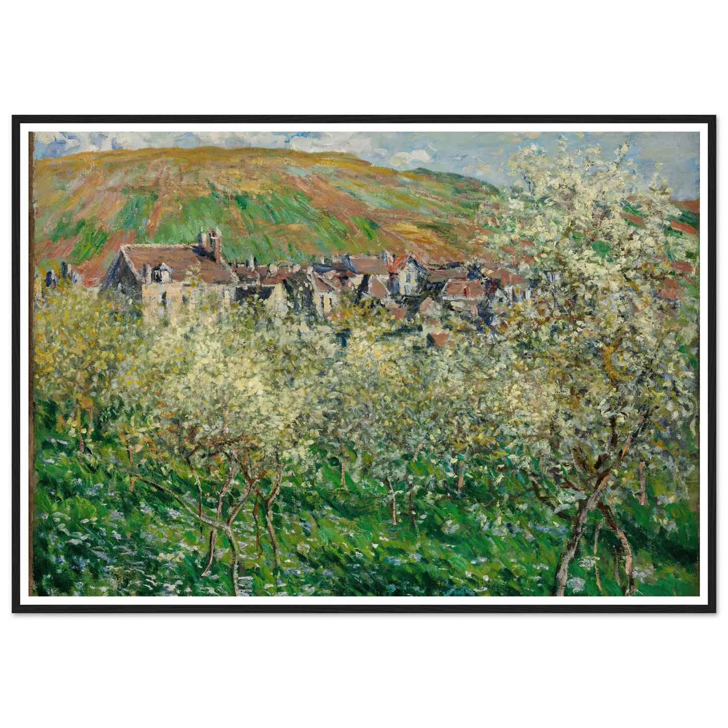 Flowering Plum Trees (1879) Art Print | Claude Monet - Framed Poster - 30x40 cm / 12x16″ - Black frame
