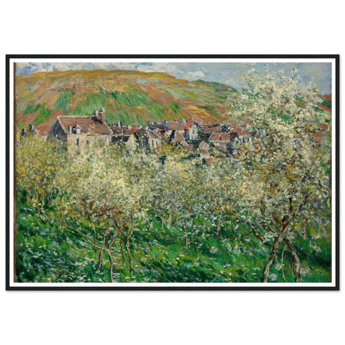 Flowering Plum Trees (1879) Art Print | Claude Monet - Framed Poster - 30x40 cm / 12x16″ - Black frame