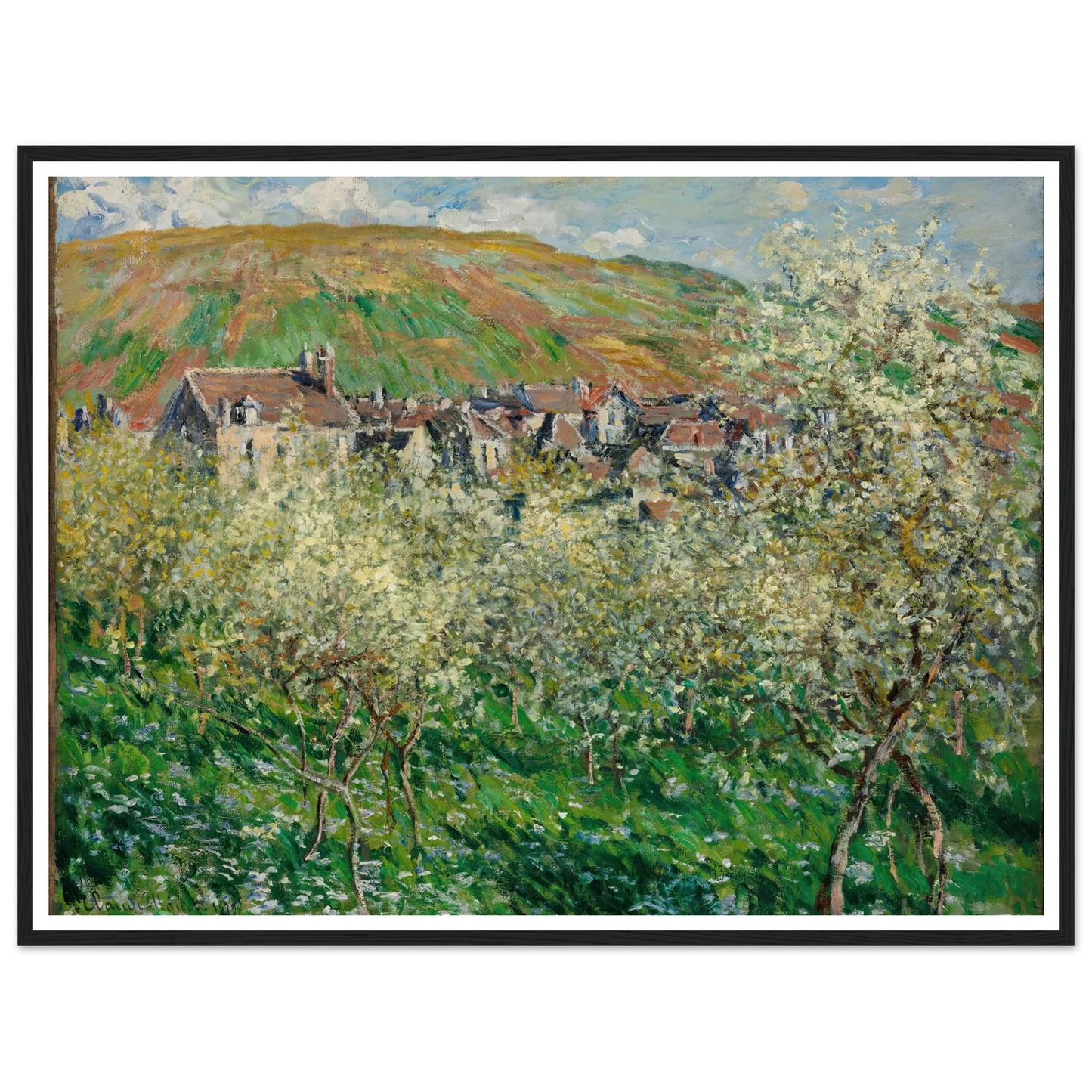 Flowering Plum Trees (1879) Art Print | Claude Monet - Framed Poster - 30x40 cm / 12x16″ - Black frame