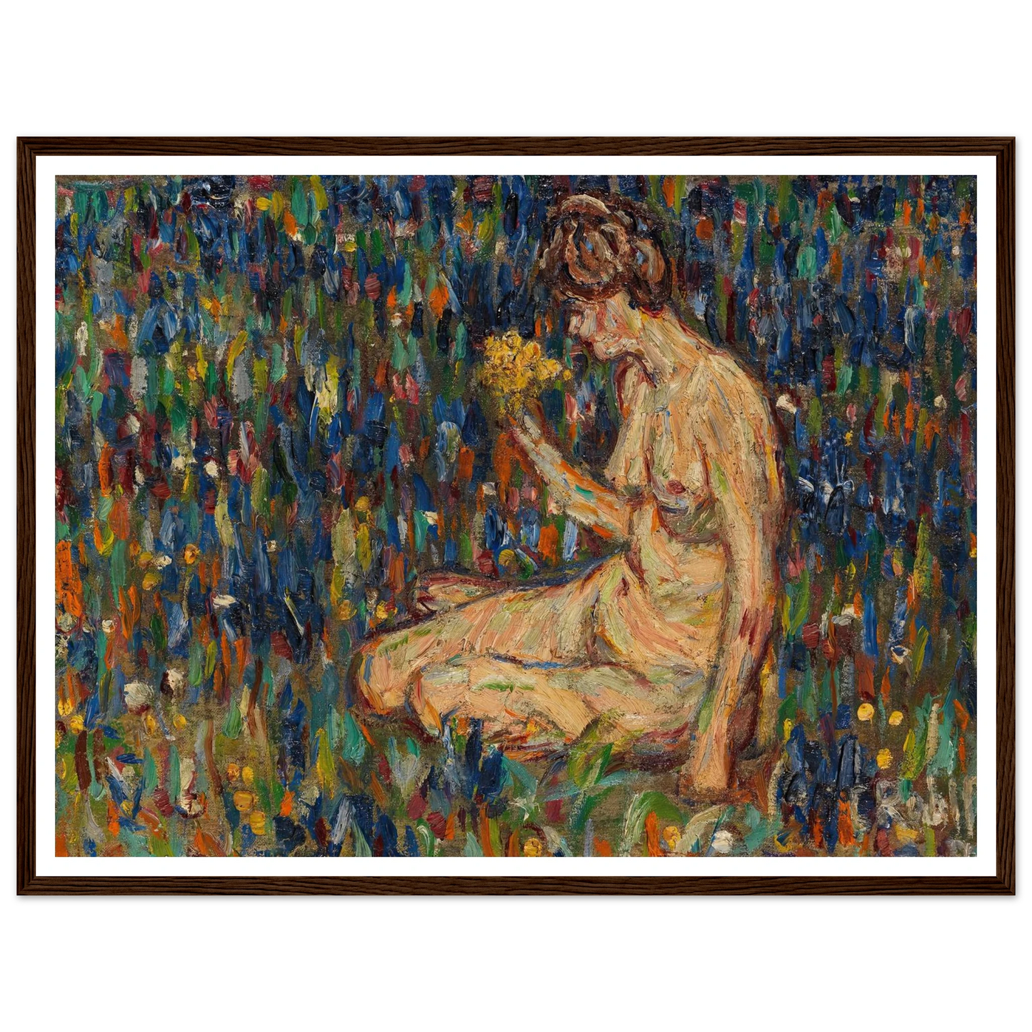 Frauenakt mit gelbem Blumenstrauß (Mädchen auf der Wiese) (1905) Art Print | Christian Rohlfs - Framed Poster - 30x40 cm / 12x16″ - Black frame