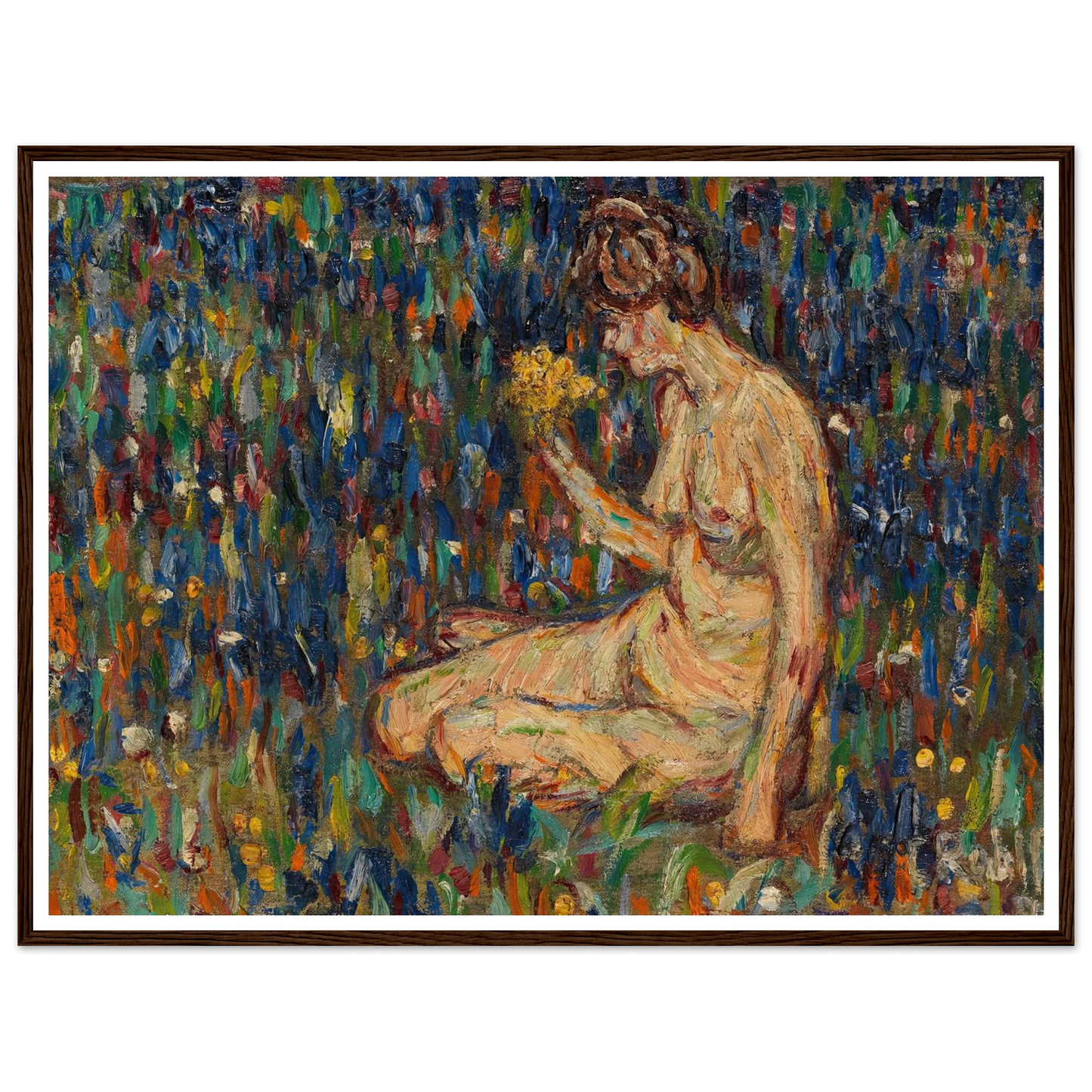 Frauenakt mit gelbem Blumenstrauß (Mädchen auf der Wiese) (1905) Art Print | Christian Rohlfs - Framed Poster - 30x40 cm / 12x16″ - Black frame