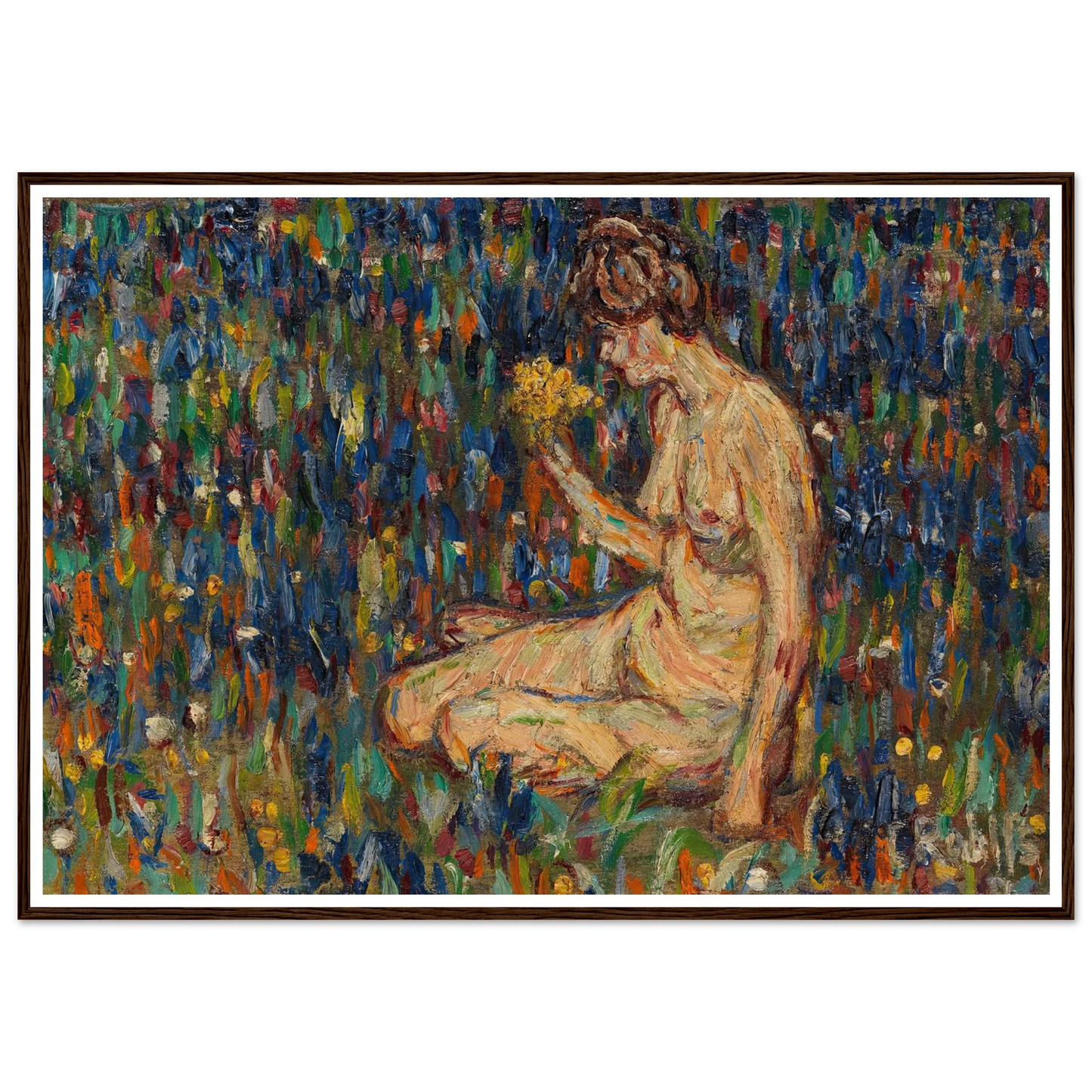 Frauenakt mit gelbem Blumenstrauß (Mädchen auf der Wiese) (1905) Art Print | Christian Rohlfs - Framed Poster - 30x40 cm / 12x16″ - Black frame