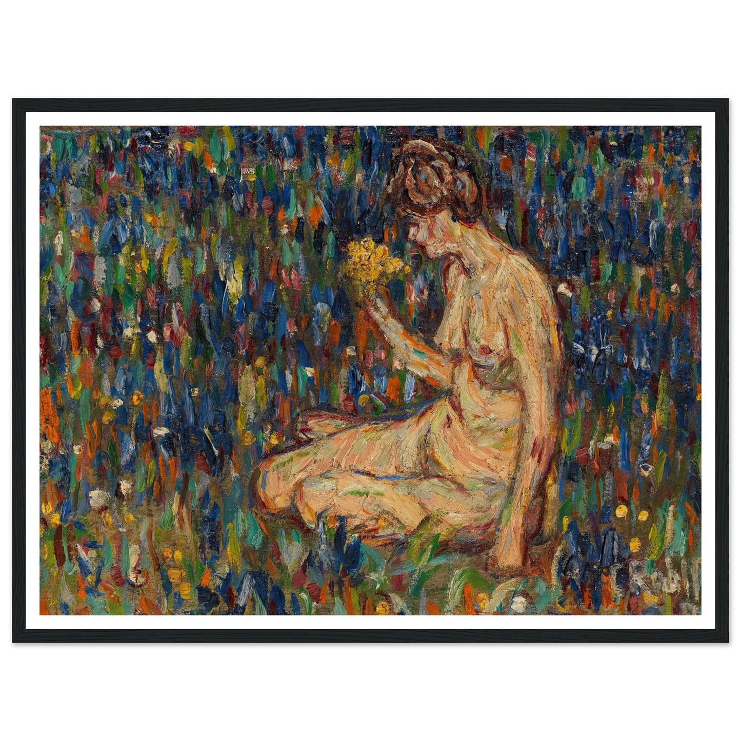 Frauenakt mit gelbem Blumenstrauß (Mädchen auf der Wiese) (1905) Art Print | Christian Rohlfs - Framed Poster - 30x40 cm / 12x16″ - Black frame