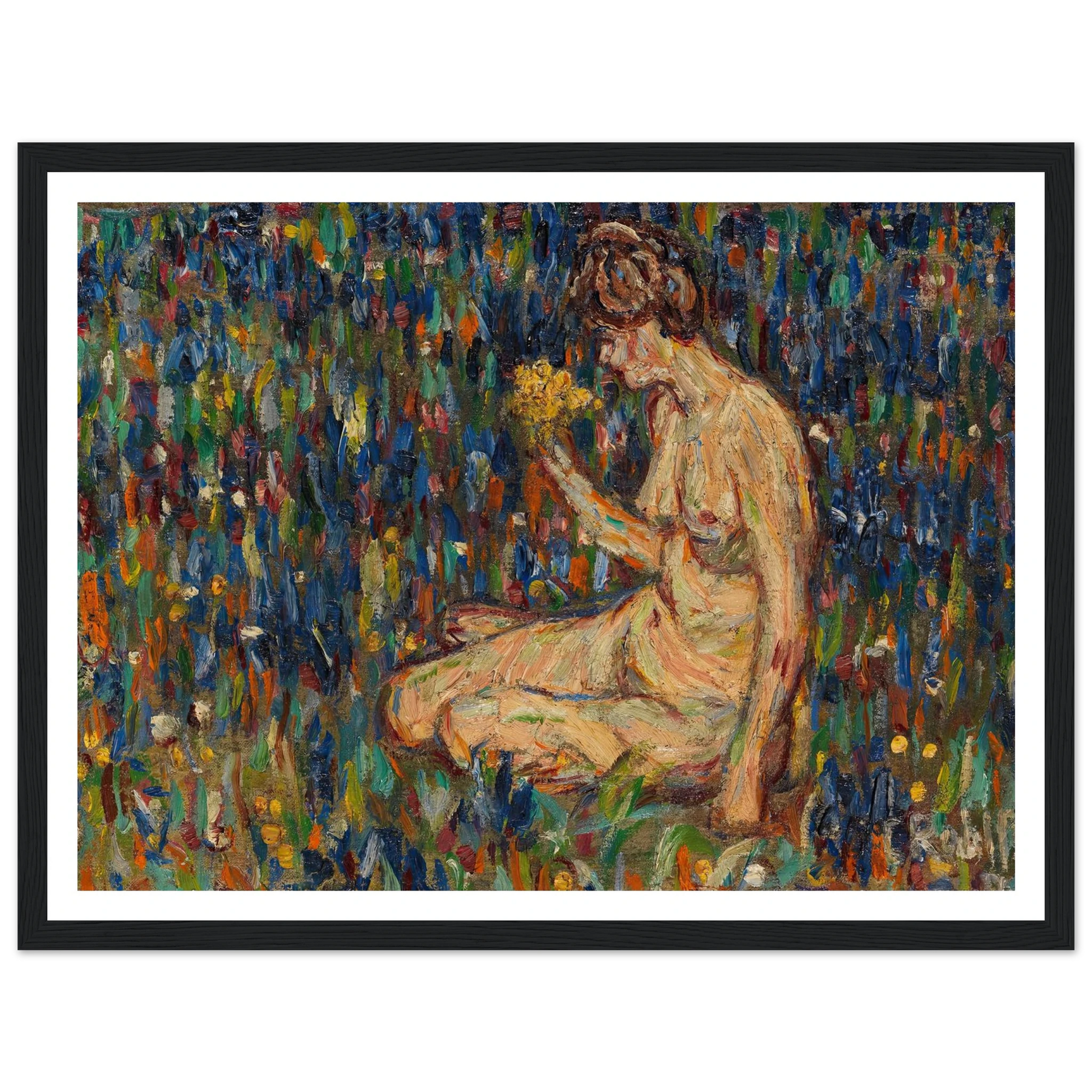 Frauenakt mit gelbem Blumenstrauß (Mädchen auf der Wiese) (1905) Art Print | Christian Rohlfs - Framed Poster - 30x40 cm / 12x16″ - Black frame