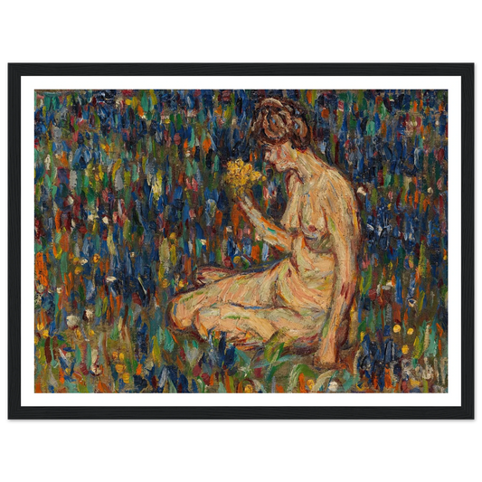 Frauenakt mit gelbem Blumenstrauß (Mädchen auf der Wiese) (1905) Art Print | Christian Rohlfs - Framed Poster - 30x40 cm / 12x16″ - Black frame