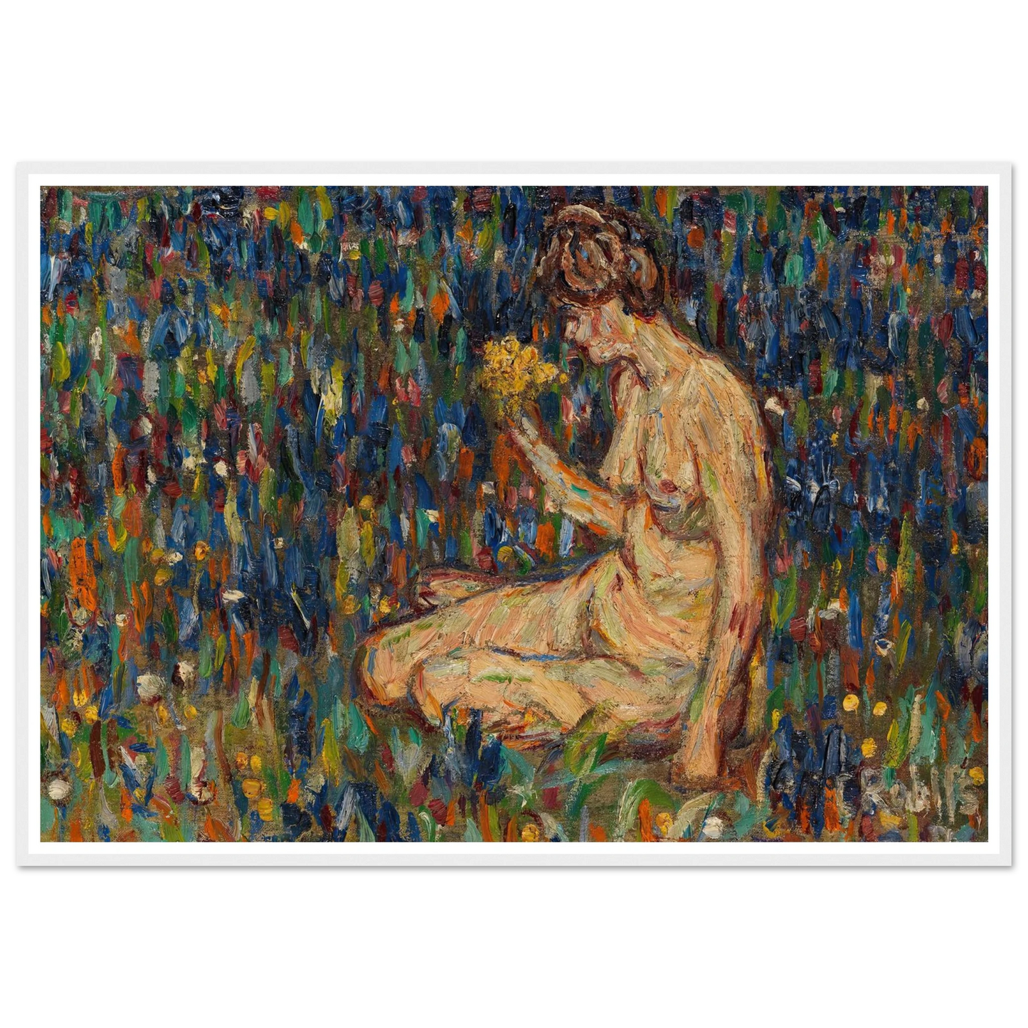 Frauenakt mit gelbem Blumenstrauß (Mädchen auf der Wiese) (1905) Art Print | Christian Rohlfs - Framed Poster - 30x40 cm / 12x16″ - Black frame