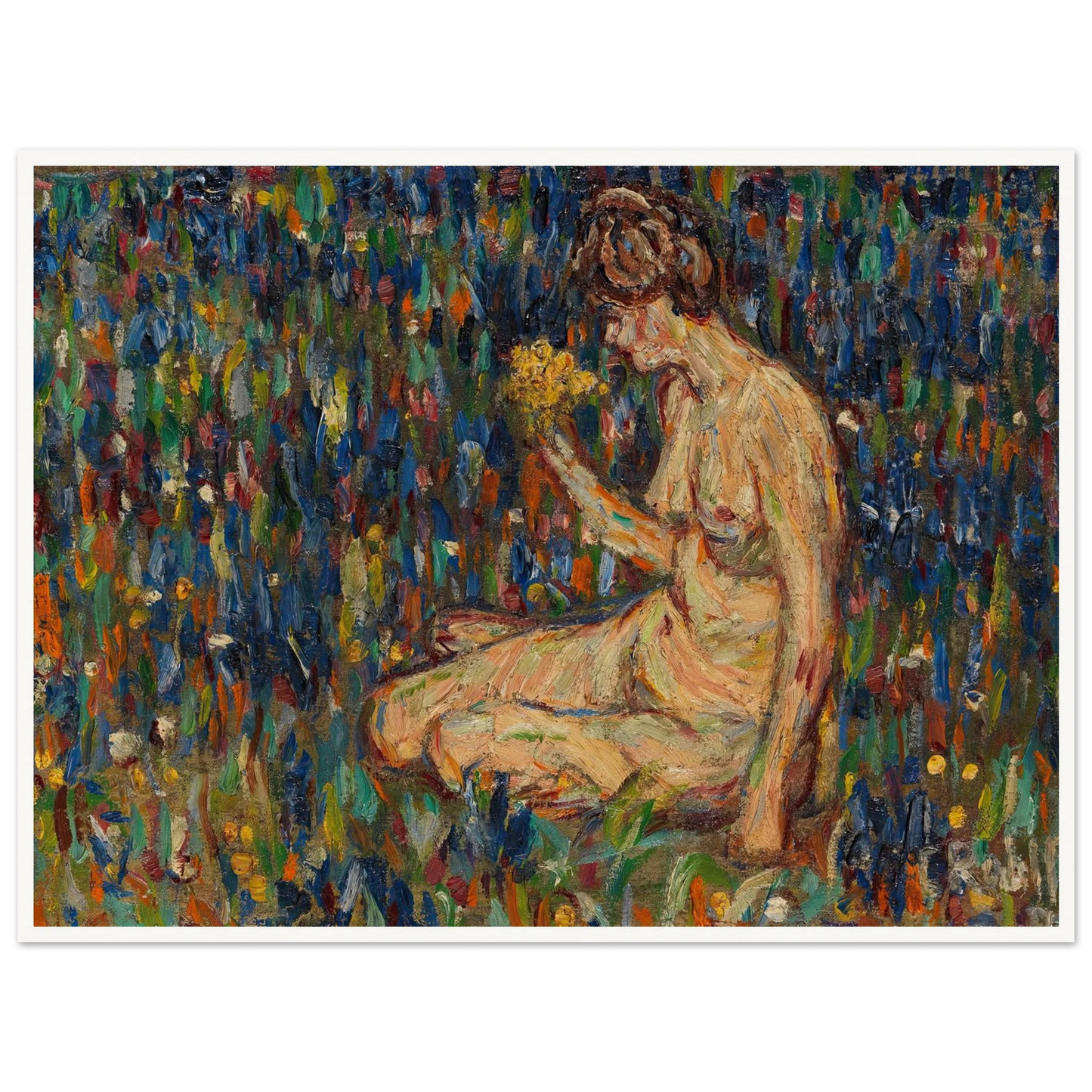 Frauenakt mit gelbem Blumenstrauß (Mädchen auf der Wiese) (1905) Art Print | Christian Rohlfs - Framed Poster - 30x40 cm / 12x16″ - Black frame