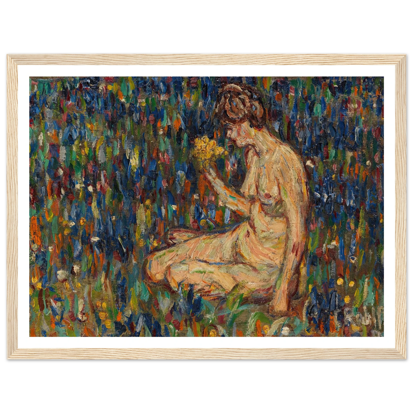 Frauenakt mit gelbem Blumenstrauß (Mädchen auf der Wiese) (1905) Art Print | Christian Rohlfs - Framed Poster - 30x40 cm / 12x16″ - Black frame