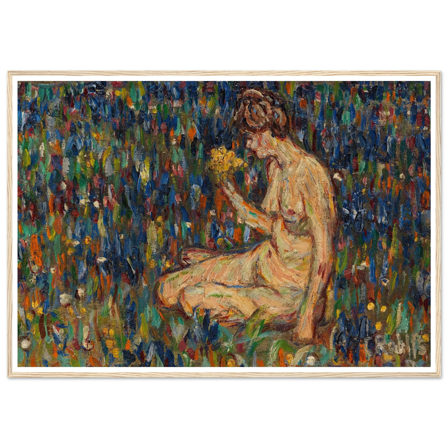 Frauenakt mit gelbem Blumenstrauß (Mädchen auf der Wiese) (1905) Art Print | Christian Rohlfs - Framed Poster - 30x40 cm / 12x16″ - Black frame
