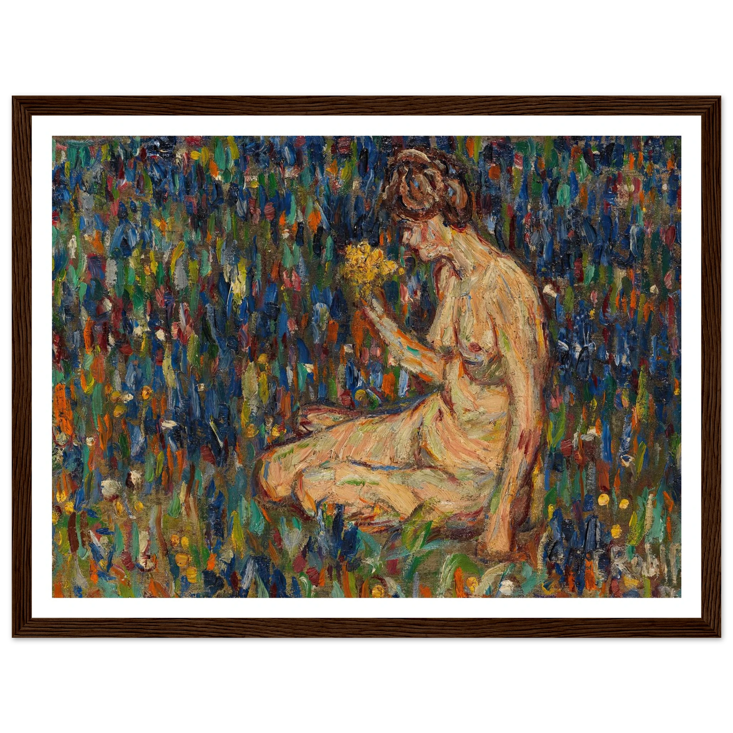 Frauenakt mit gelbem Blumenstrauß (Mädchen auf der Wiese) (1905) Art Print | Christian Rohlfs - Framed Poster - 30x40 cm / 12x16″ - Black frame