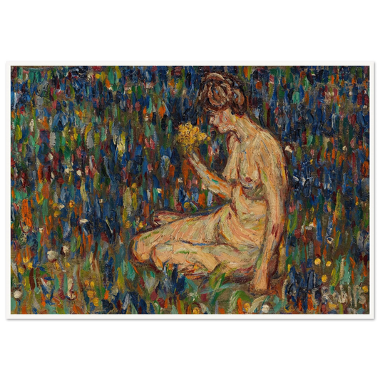 Frauenakt mit gelbem Blumenstrauß (Mädchen auf der Wiese) (1905) Art Print | Christian Rohlfs - Framed Poster - 30x40 cm / 12x16″ - Black frame
