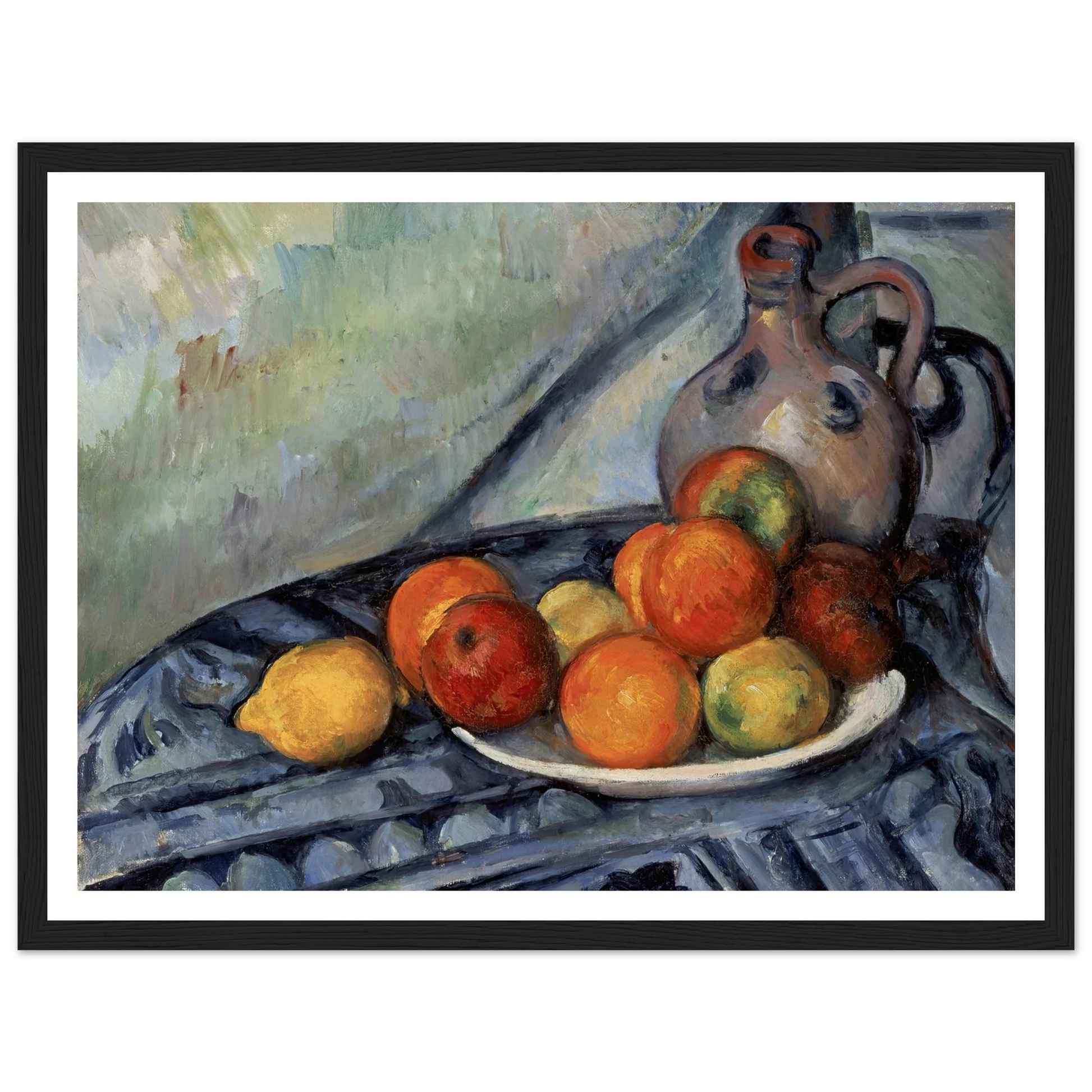 Fruit and a Jug on a Table (circa 1890) Art Print | Paul Cezanne - Framed Poster - 30x40 cm / 12x16″ - Black frame