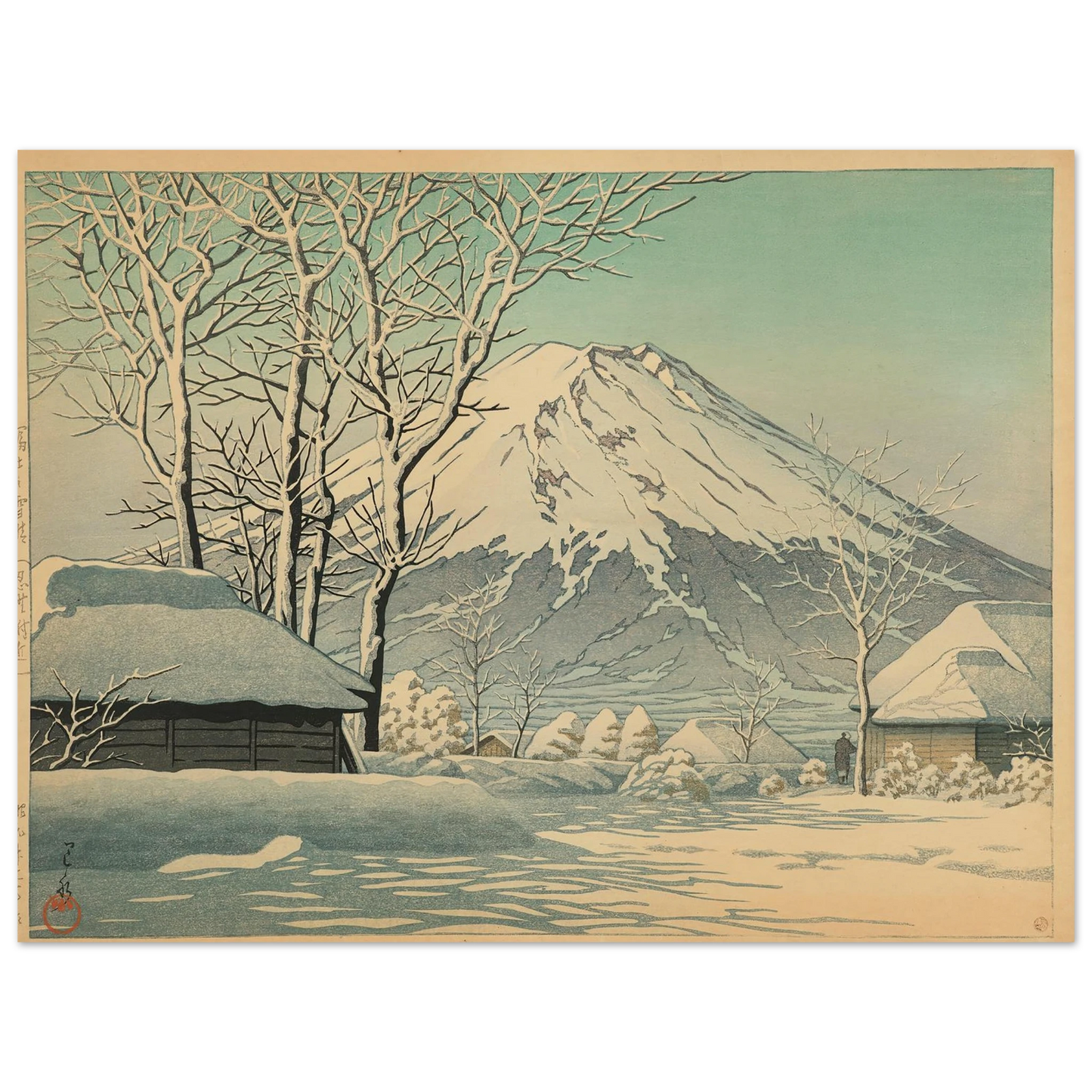 Fuji no yukibare, Oshino fukin (Mt. Fuji, clearing after a snowfall in Oshiono) (1952) Art Print | Kawase Hasui - Framed Poster - 30x40 cm / 12x16″ - Black frame