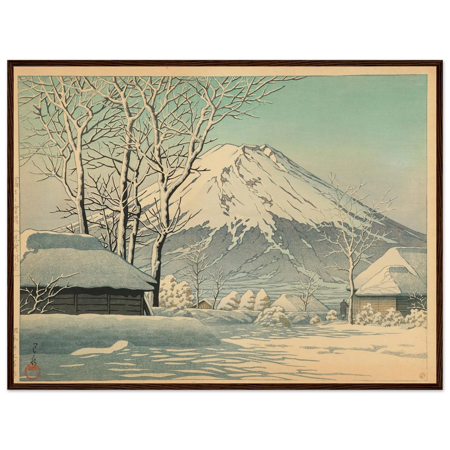 Fuji no yukibare, Oshino fukin (Mt. Fuji, clearing after a snowfall in Oshiono) (1952) Art Print | Kawase Hasui - Framed Poster - 30x40 cm / 12x16″ - Black frame