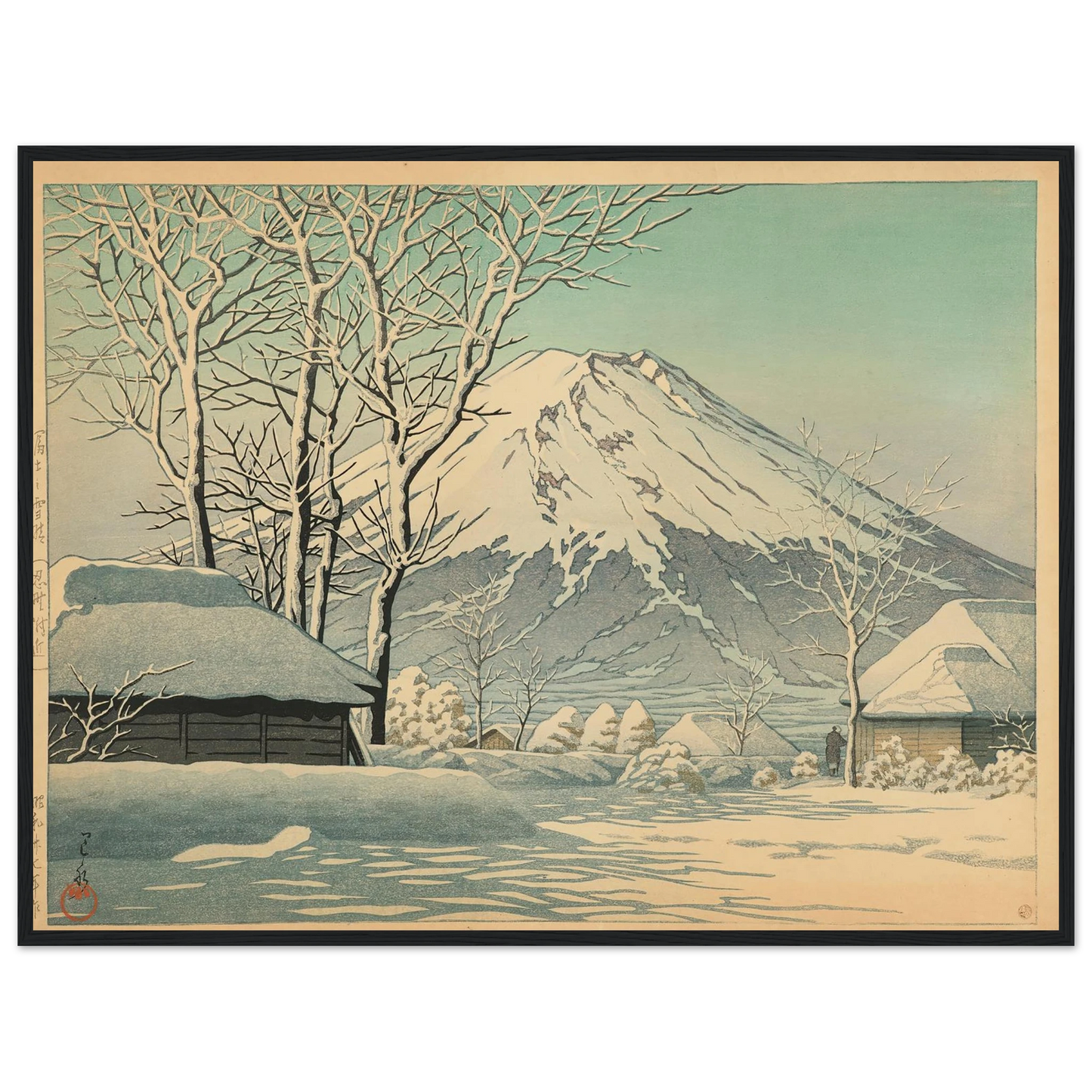 Fuji no yukibare, Oshino fukin (Mt. Fuji, clearing after a snowfall in Oshiono) (1952) Art Print | Kawase Hasui - Framed Poster - 30x40 cm / 12x16″ - Black frame