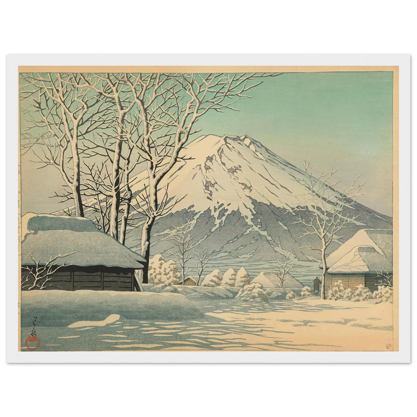 Fuji no yukibare, Oshino fukin (Mt. Fuji, clearing after a snowfall in Oshiono) (1952) Art Print | Kawase Hasui - Framed Poster - 30x40 cm / 12x16″ - Black frame