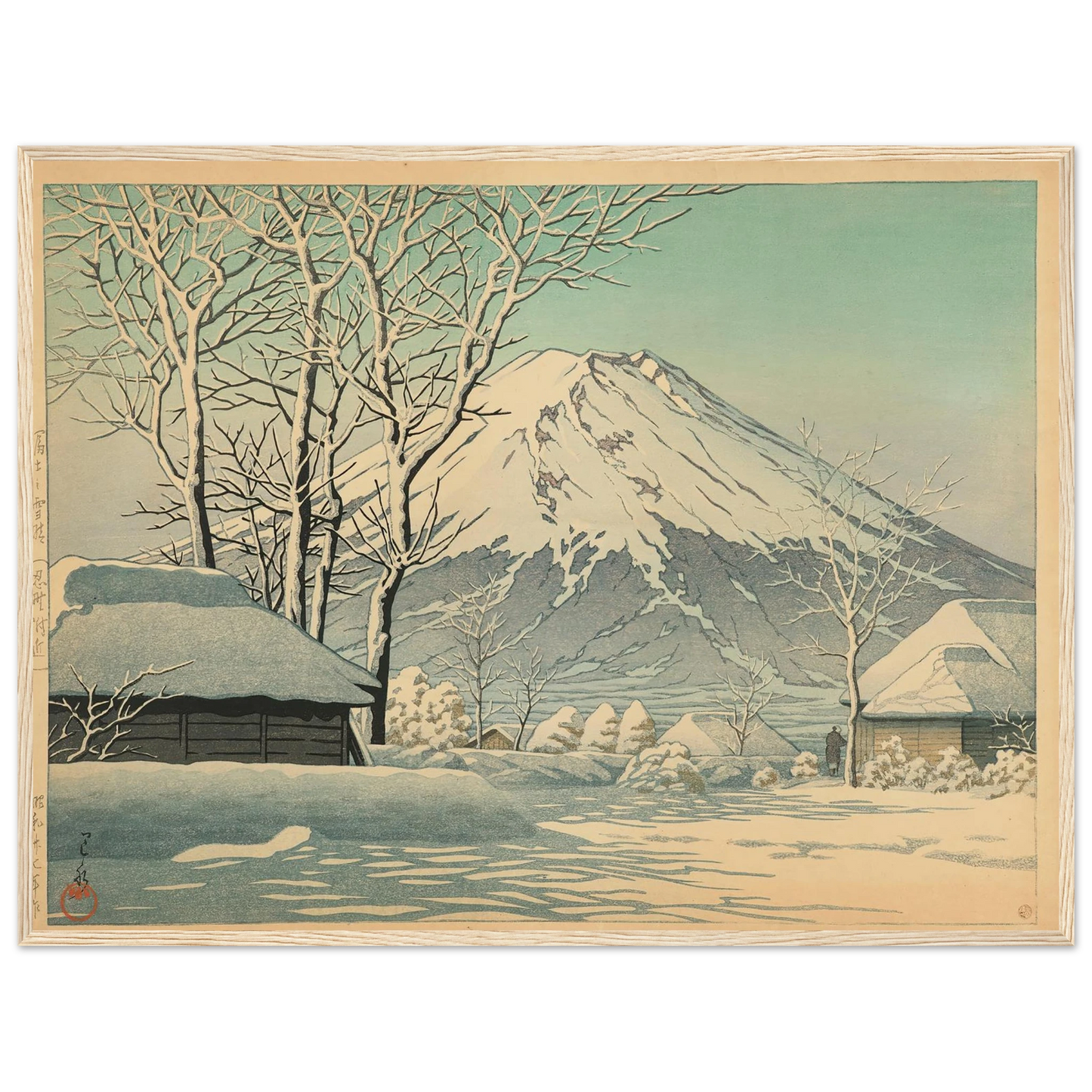 Fuji no yukibare, Oshino fukin (Mt. Fuji, clearing after a snowfall in Oshiono) (1952) Art Print | Kawase Hasui - Framed Poster - 30x40 cm / 12x16″ - Black frame