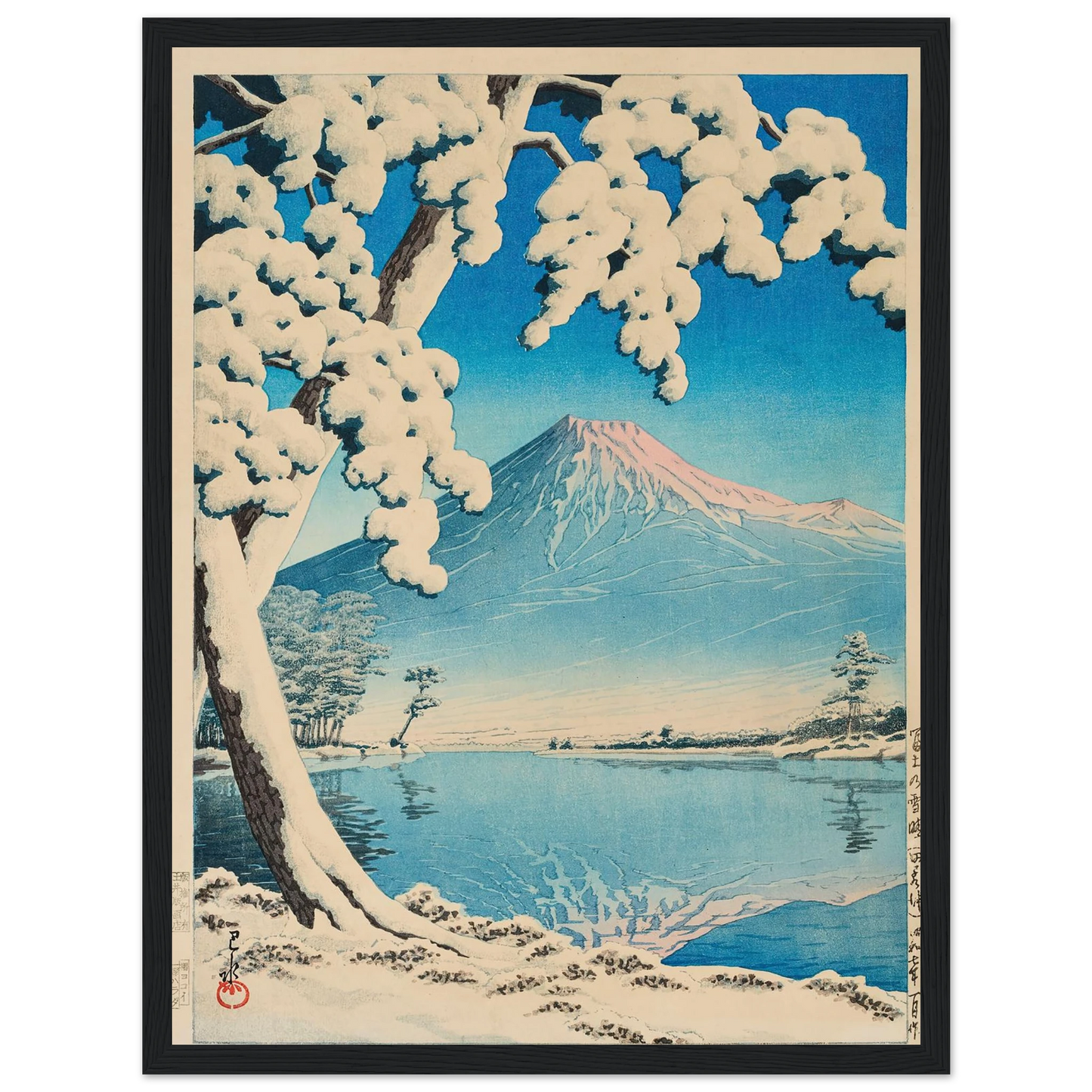 Fuji no yukibare, Tagonoura (Clearing after a snowfall on Mount Fuji, Tagonoura Beach) (1932) Art Print | Kawase Hasui - Framed Poster - 30x40 cm / 12x16″ - Black frame
