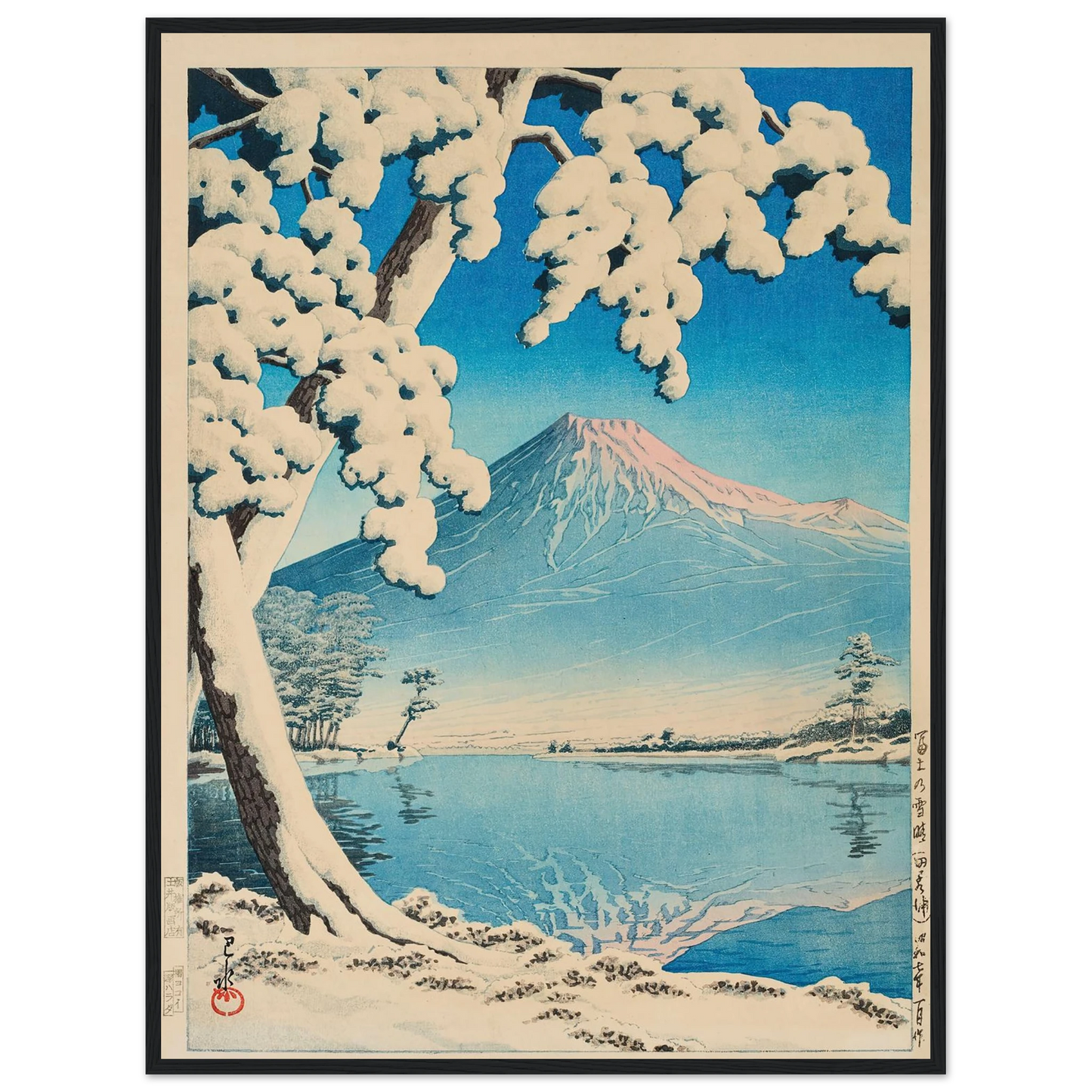 Fuji no yukibare, Tagonoura (Clearing after a snowfall on Mount Fuji, Tagonoura Beach) (1932) Art Print | Kawase Hasui - Framed Poster - 30x40 cm / 12x16″ - Black frame